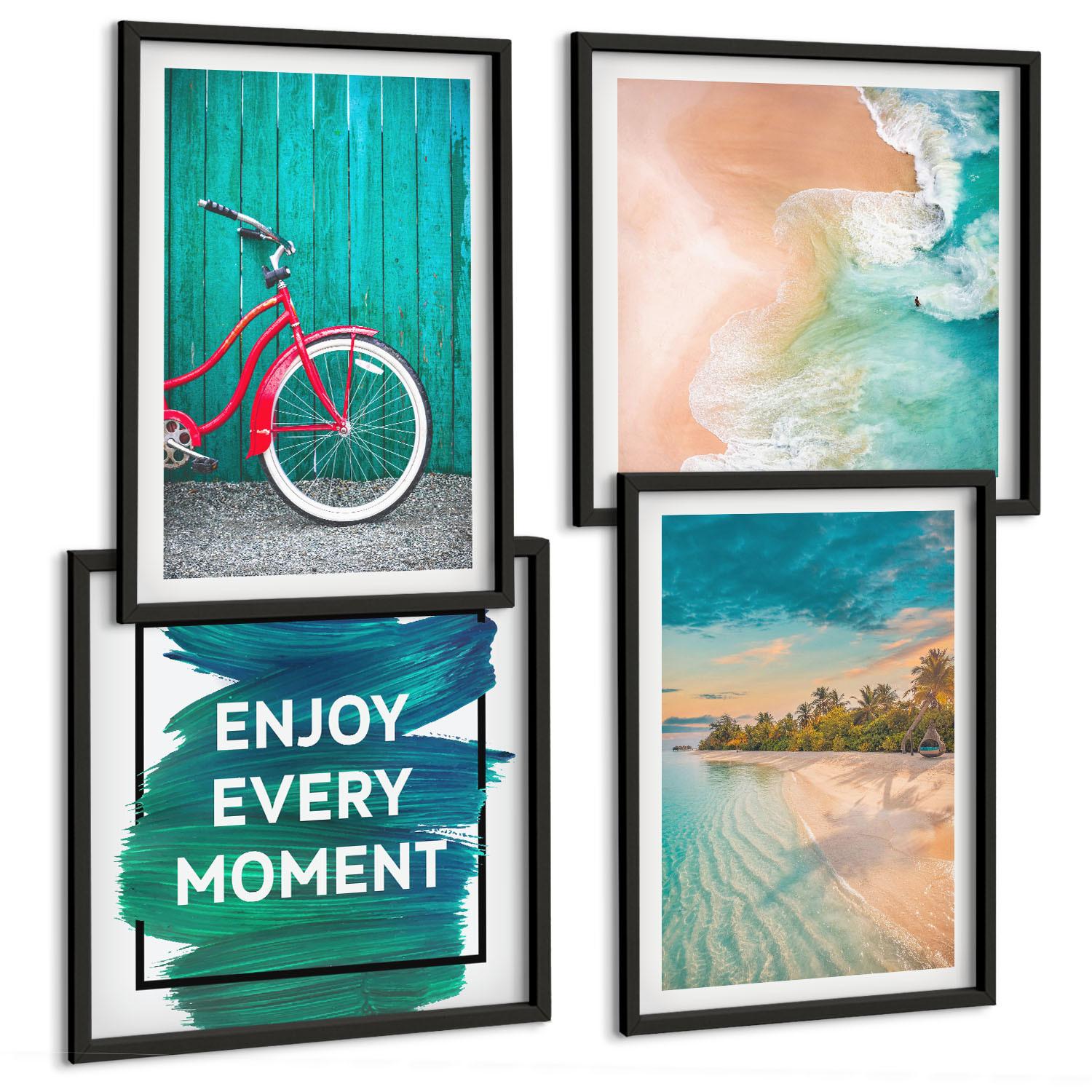 BILDER SET 4er Set - 50x50 cm & 40x60 cm Schwarzer Rahmen - Inspiration für ein Fahrrad mit Seeboot - Schwarz, Kunststoff (50/50cm) - TULUP
