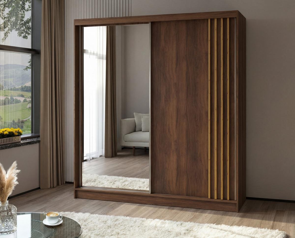 SCHWEBETÜRENSCHRANK NELVIA 200/216/61 cm Modern Kleiderschrank 2-türig mit Spiegel Nussbaumfarben - Nussbaumfarben, Holzwerkstoff (200/216/61cm) - MASSENO