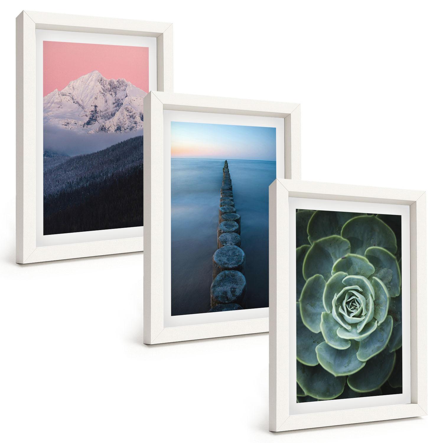 BILDER SET 3er Set - 20x30 cm Weißer Rahmen - Berge, rosa Himmel, Wasser, Sukkulente - Weiß, Kunststoff (20/30cm) - TULUP
