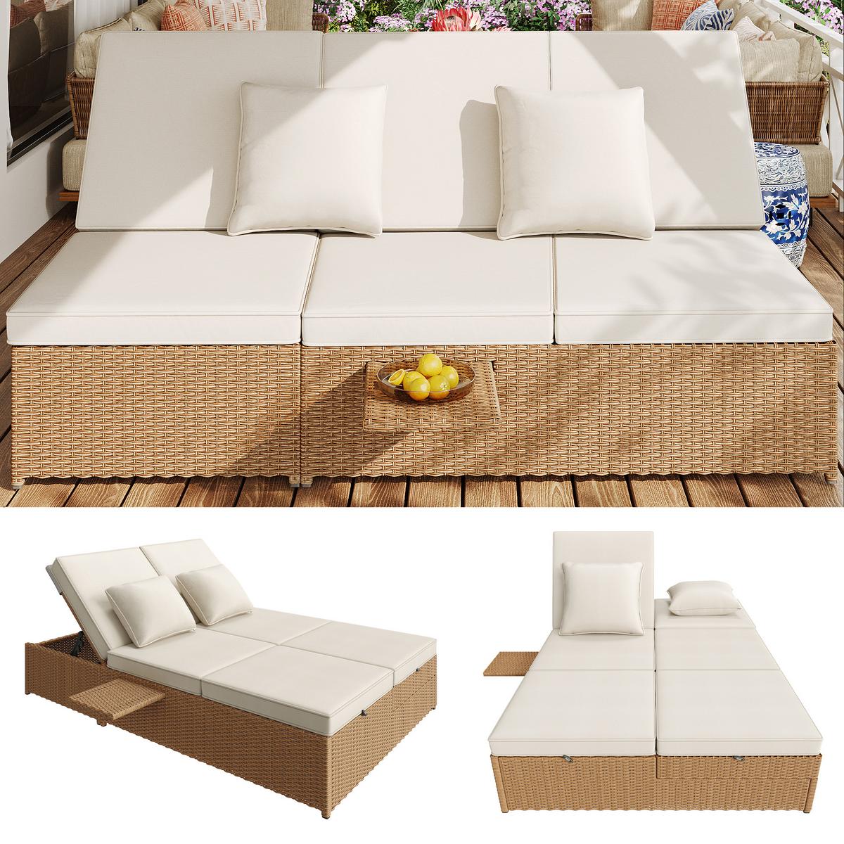 DOPPEL-SONNENLIEGE 199 cm Polyrattan Natur Gartenliege für 2 Personen mit verstellbarer Rückenlehne & Polster - Weiß, Metall (199/37/120cm) - Urban Meuble