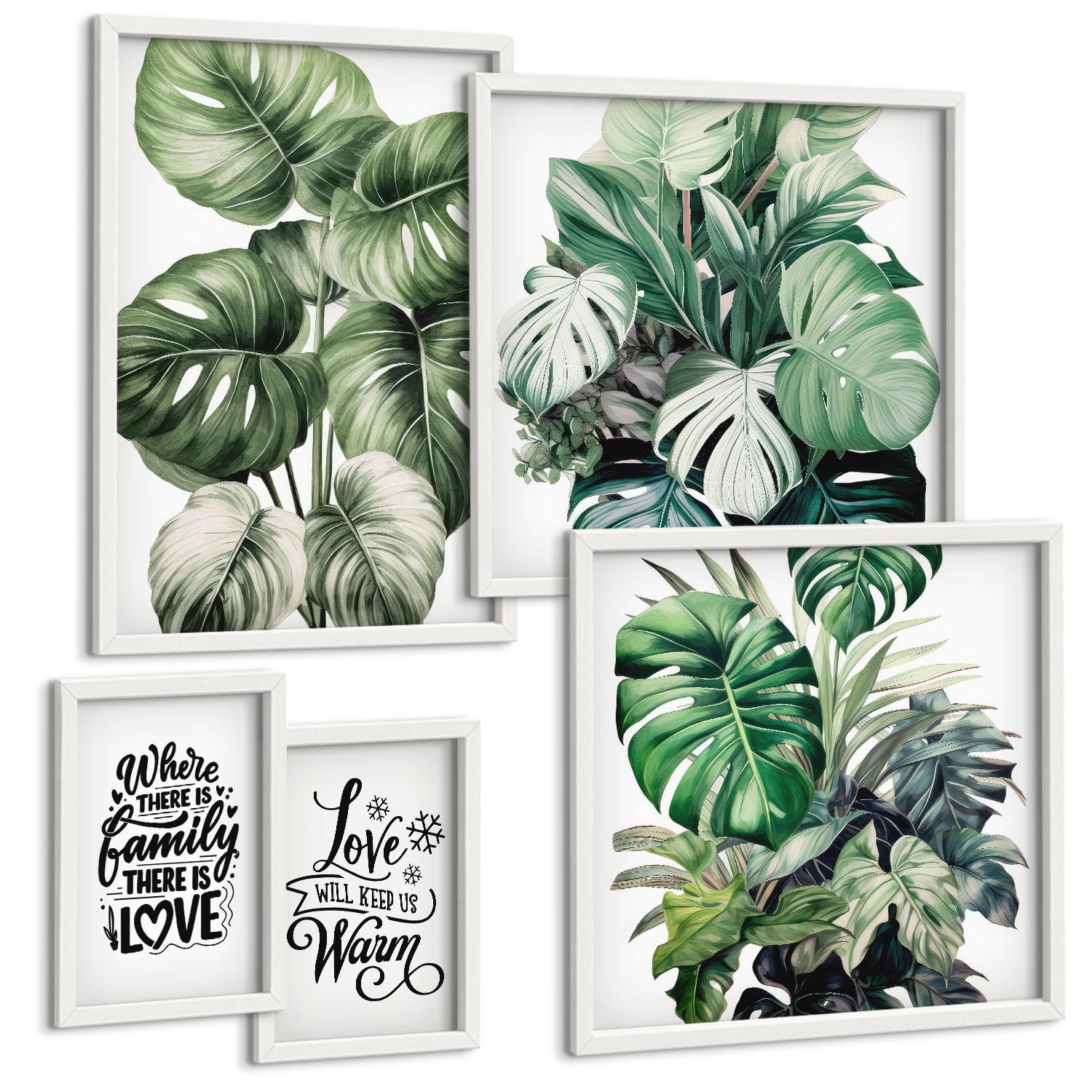 BILDER SET 5er Set - 50x50 cm & 20x30 cm & 40x60 cm Weißer Rahmen - Gemalte Abstraktionen der Natur - Weiß, Kunststoff (40/60cm) - TULUP