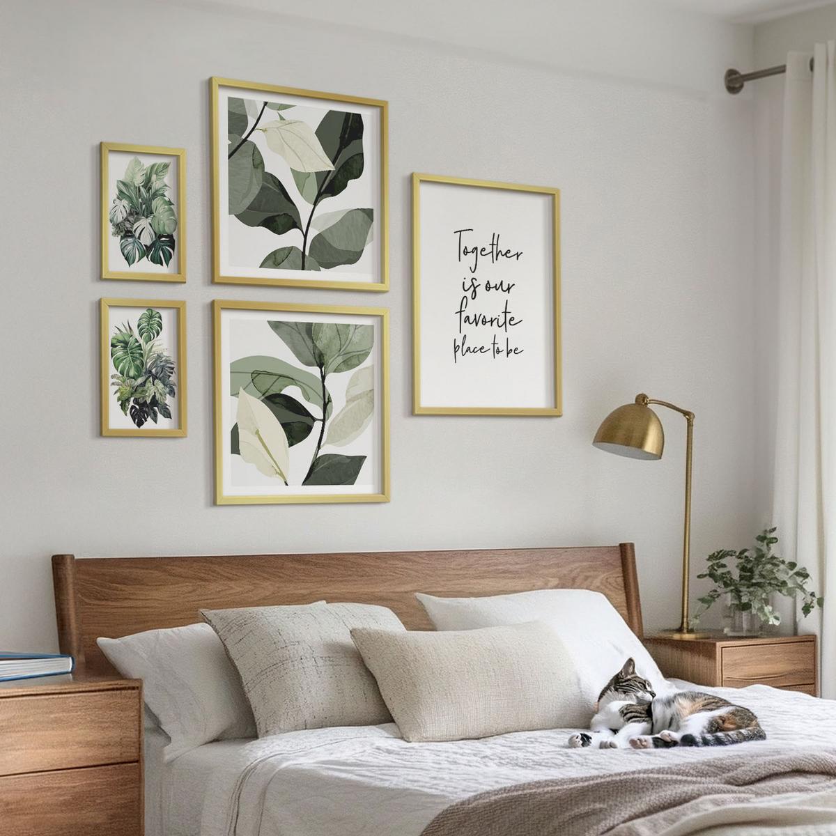 BILDER SET 5er Set - 50x50 cm & 20x30 cm & 40x60 cm Goldrahmen - Dekoration aus grünen tropischen Blättern - Goldfarben, Kunststoff (40/60cm) - TULUP