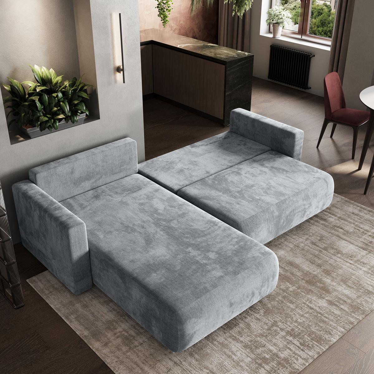 ECKSOFA TURIN M Hellgrau Velours-Stoff mit Schlaffunktion - Hellgrau/Grau, Holz/Kunststoff (265/183cm) - MASSENO