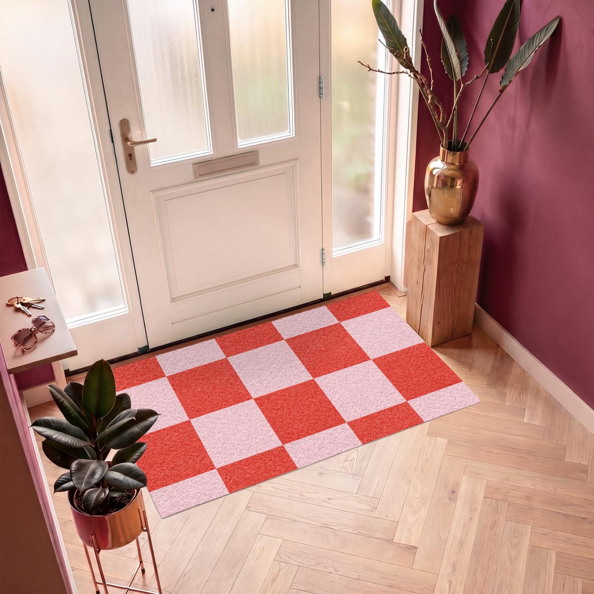 FUSSMATTE Schachbrettmuster - Rot - Rosa - Würfel Türmatte 150x90 cm - Rot, Kunststoff (150/0.4cm) - MuchoWow