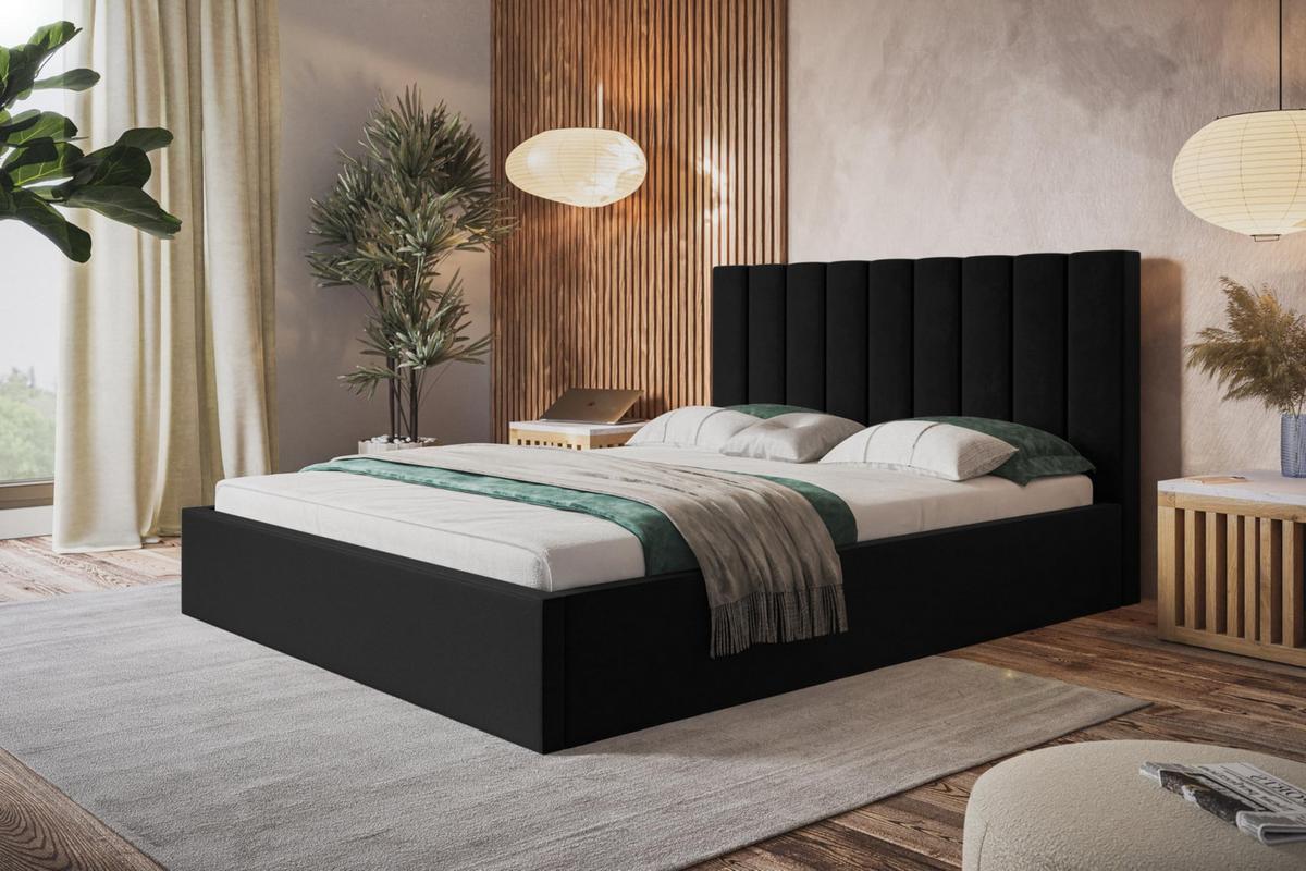 BETT 180x200 - Polsterbett mit Bettkasten und Holzrahmen - Modern Betten - Weicher Jasminstoff - Kollektion Sapporo - Schwarz - Schwarz, Holz/Textil (180/200cm) - Alpi-Möbel