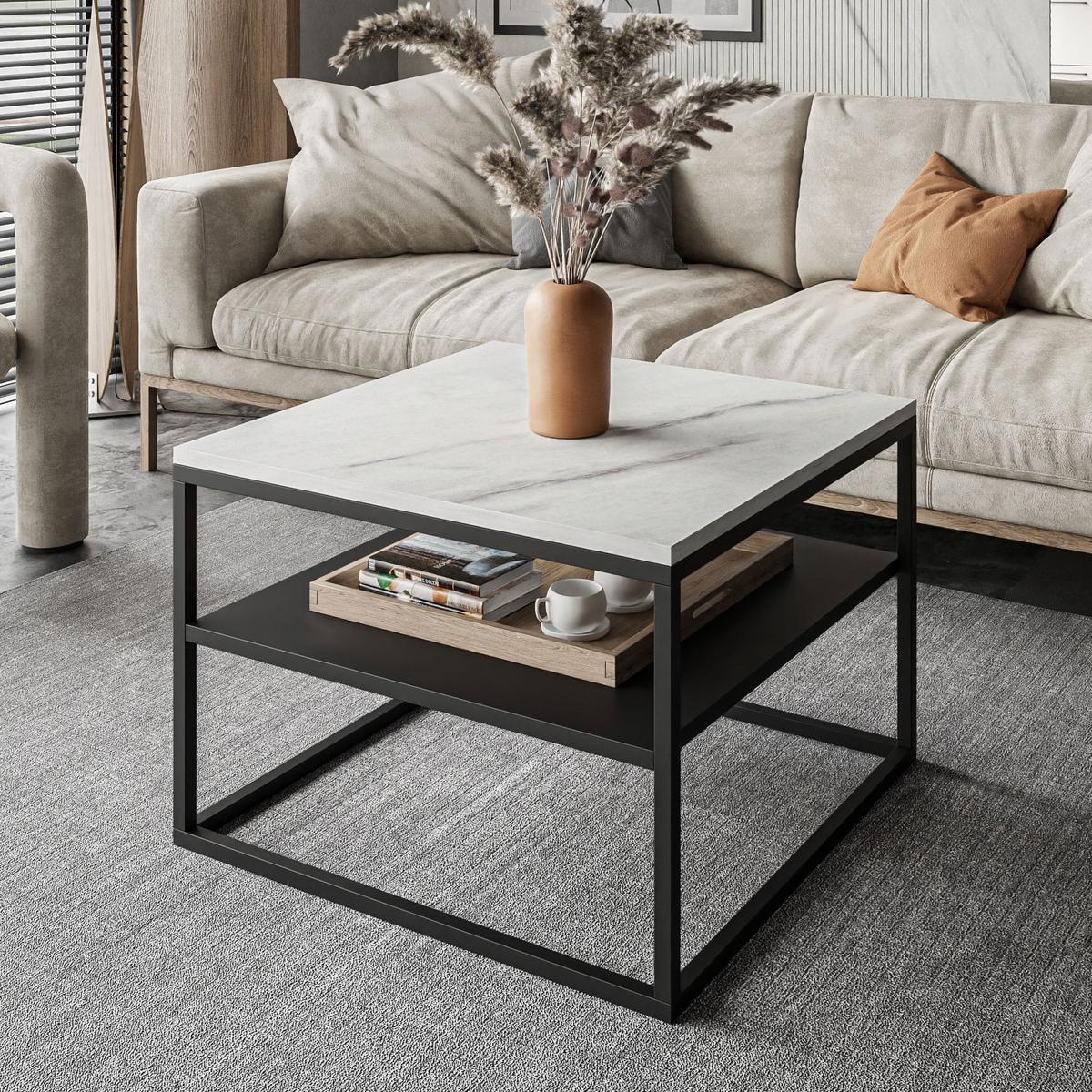 COUCHTISCH NOVA mit Ablage Schwarz / Marmor Levanto - Schwarz/Weiß, Holzwerkstoff (69/69/48cm) - Lookway