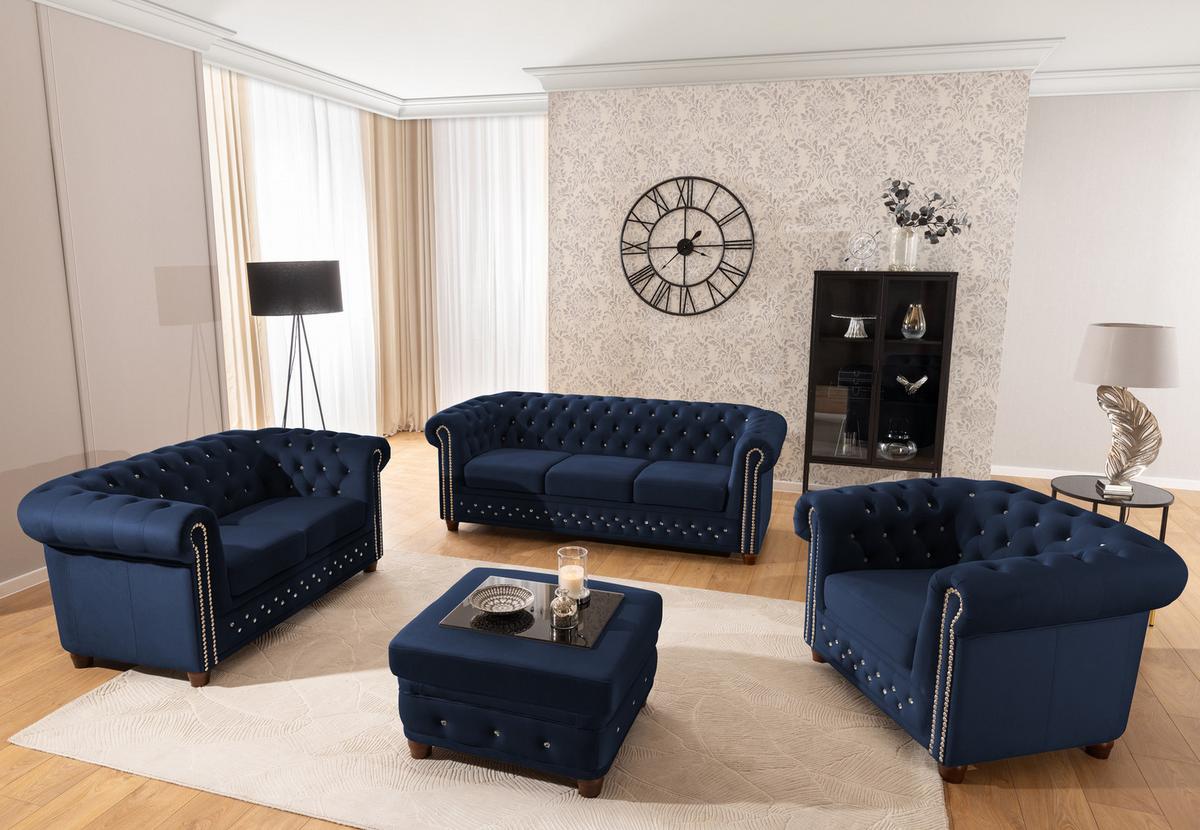 HOCKER Chesterfield Cleo Blink Marineblau Samt mit Kristallsteppung und braunen Massivholzfüßen - Blau/Braun, Holz/Textil (75/45/70cm) - S-Style Möbel
