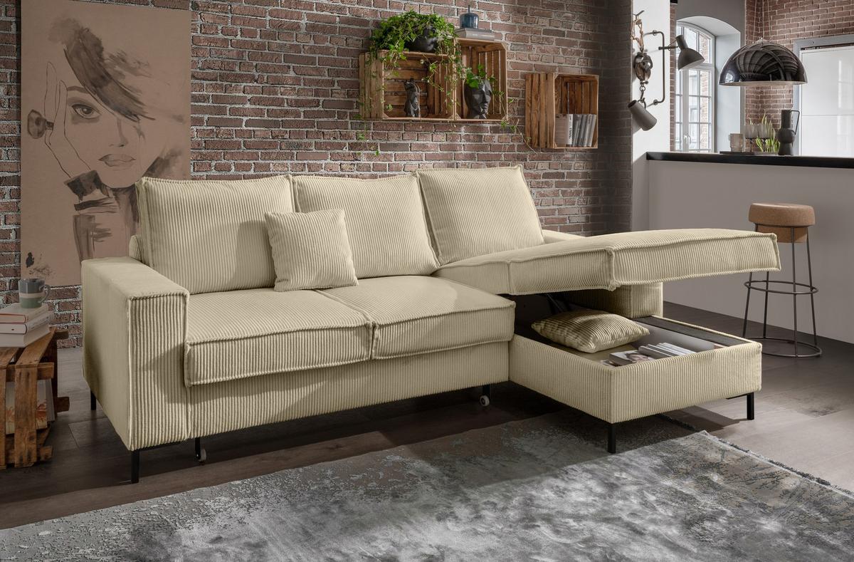 ECKSOFA mit Schlaffunktion, Bettkasten, Wellenunterfederung, Récamiere rechts B240/T150/H92 cm, Liegefl. 125x198 cm, Cord Beige Grau / 17220 - Greige/Schwarz, Textil/Metall (240/150cm) - luma-home