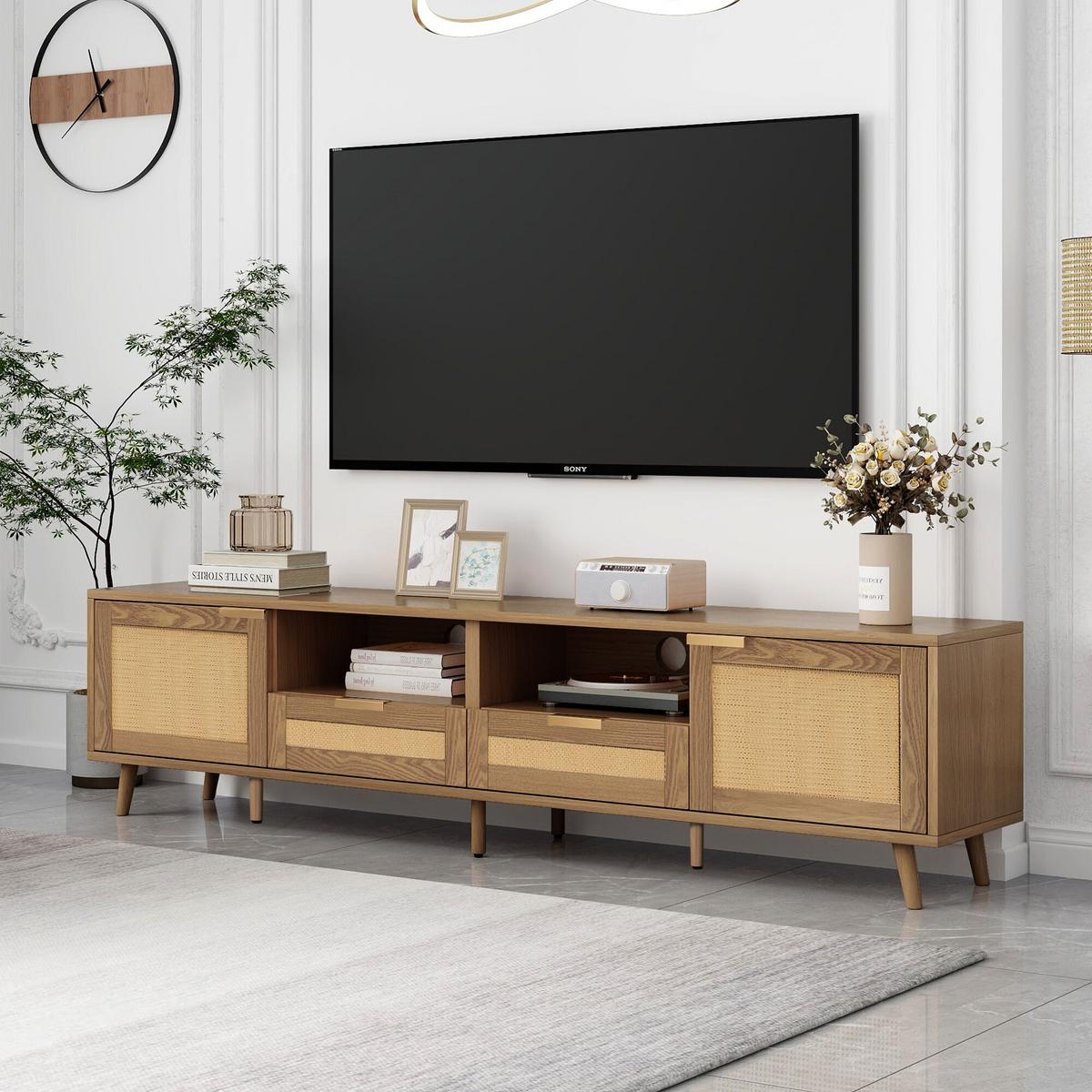 TV STOLÍK Z RATANU – nohy z masívneho dreva – 200 x 37 x 49 cm - Braun, Holz (37/49/200cm) - Urban Meuble