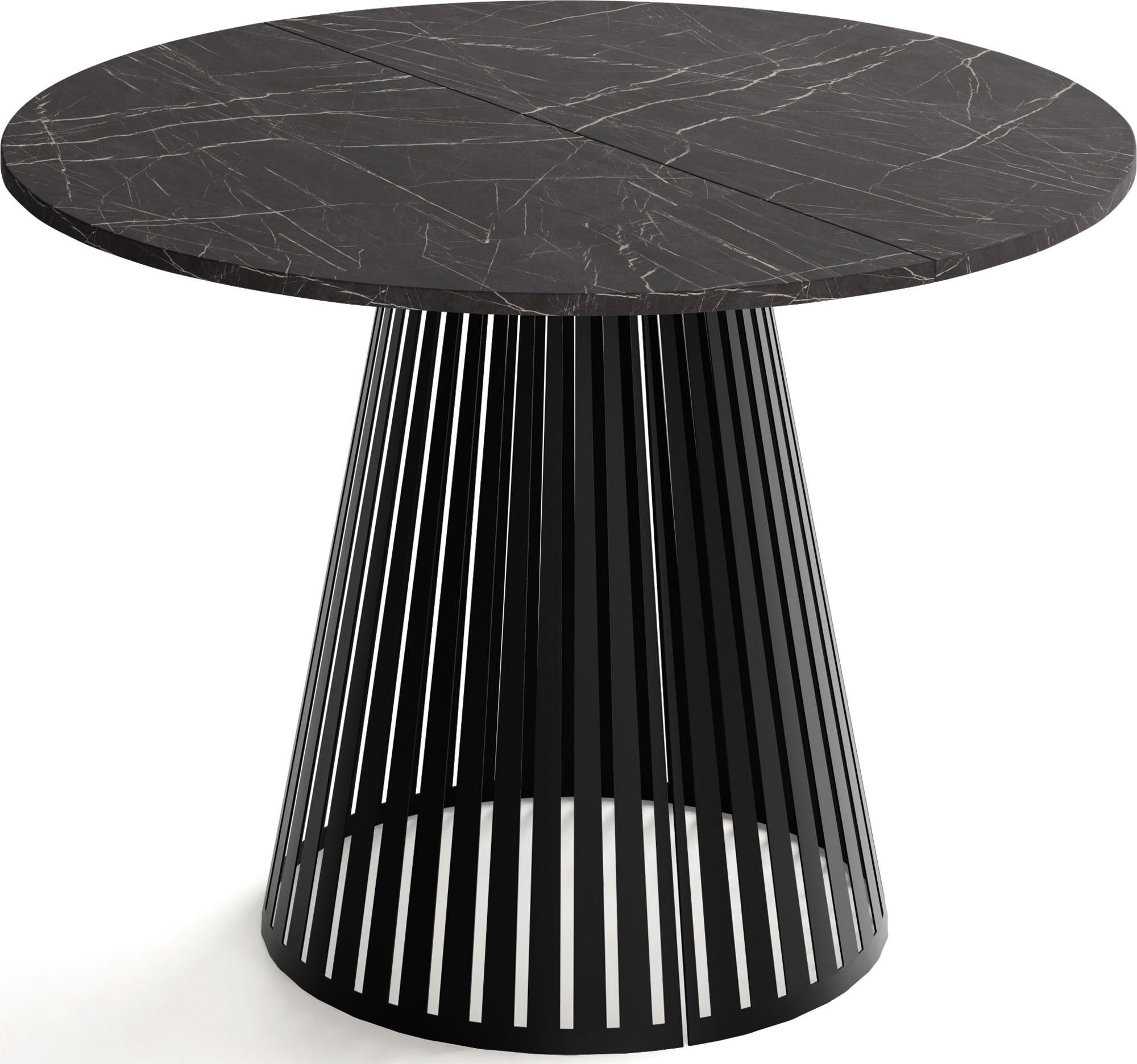 ESSTISCH Naro rund ausziehbar mit Schwarzem Lamellen-Metallgestell, Marmor Schwarz 120-200/120/76 cm - Anthrazit/Schwarz, Holzwerkstoff/Metall (120/196/76cm) - WFL GROUP