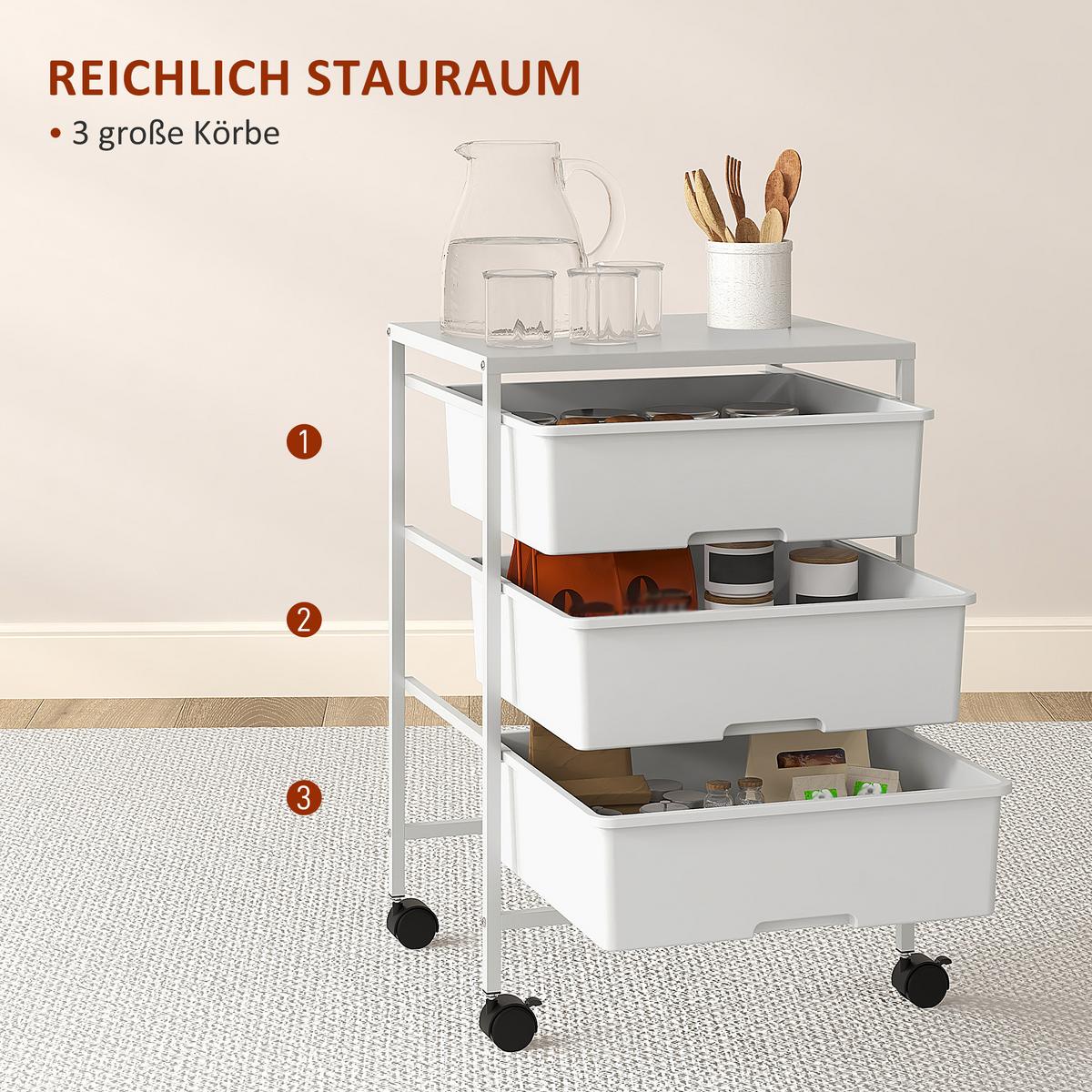 ROLLWAGEN, Servierwagen mit 3 Etagen, 40,8 x 33,5 x 60,5 cm, Weiß - Weiß, Metall (33.5/60.5/40.8cm) - HOMCOM