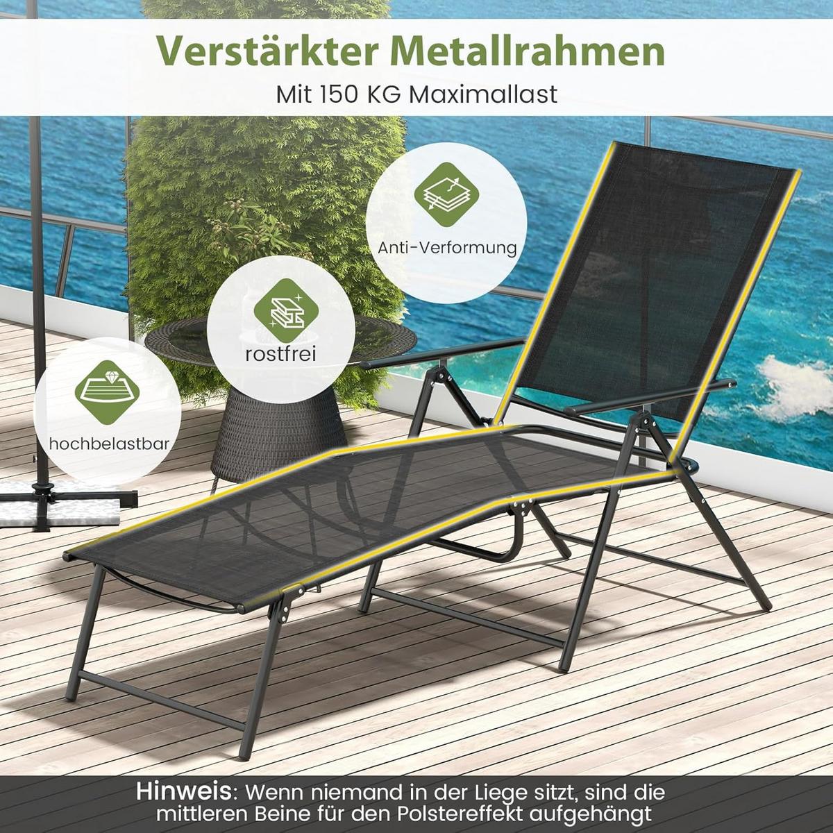 SONNENLIEGE Schwarz(2er-Set) - Schwarz, Metall (189/65/64cm) - COSTWAY