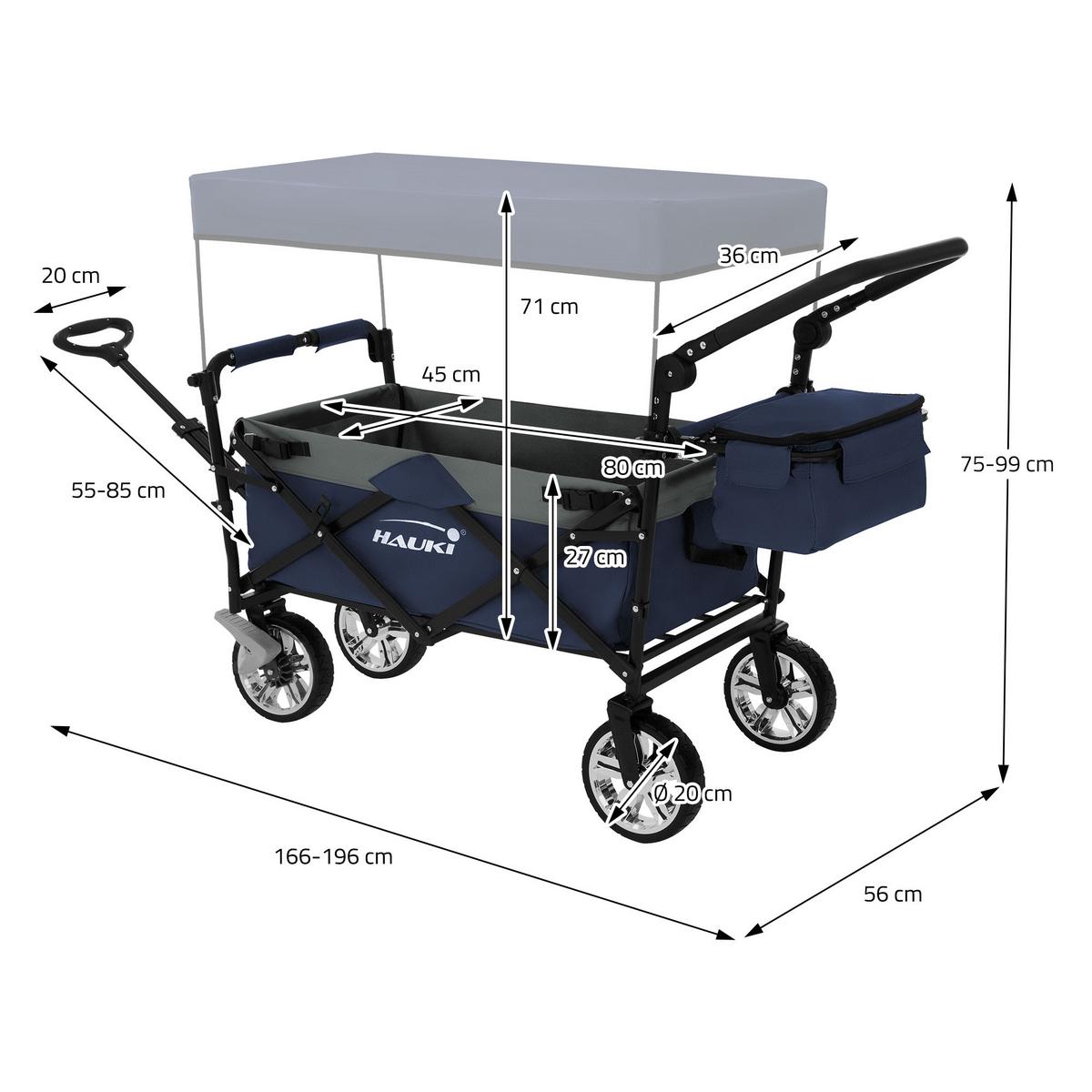 BOLLERWAGEN faltbar mit Dach XXL Blau-Grau Handwagen für Kinder Strand Picknick - Blau, Metall (56/99/196cm) - Hauki