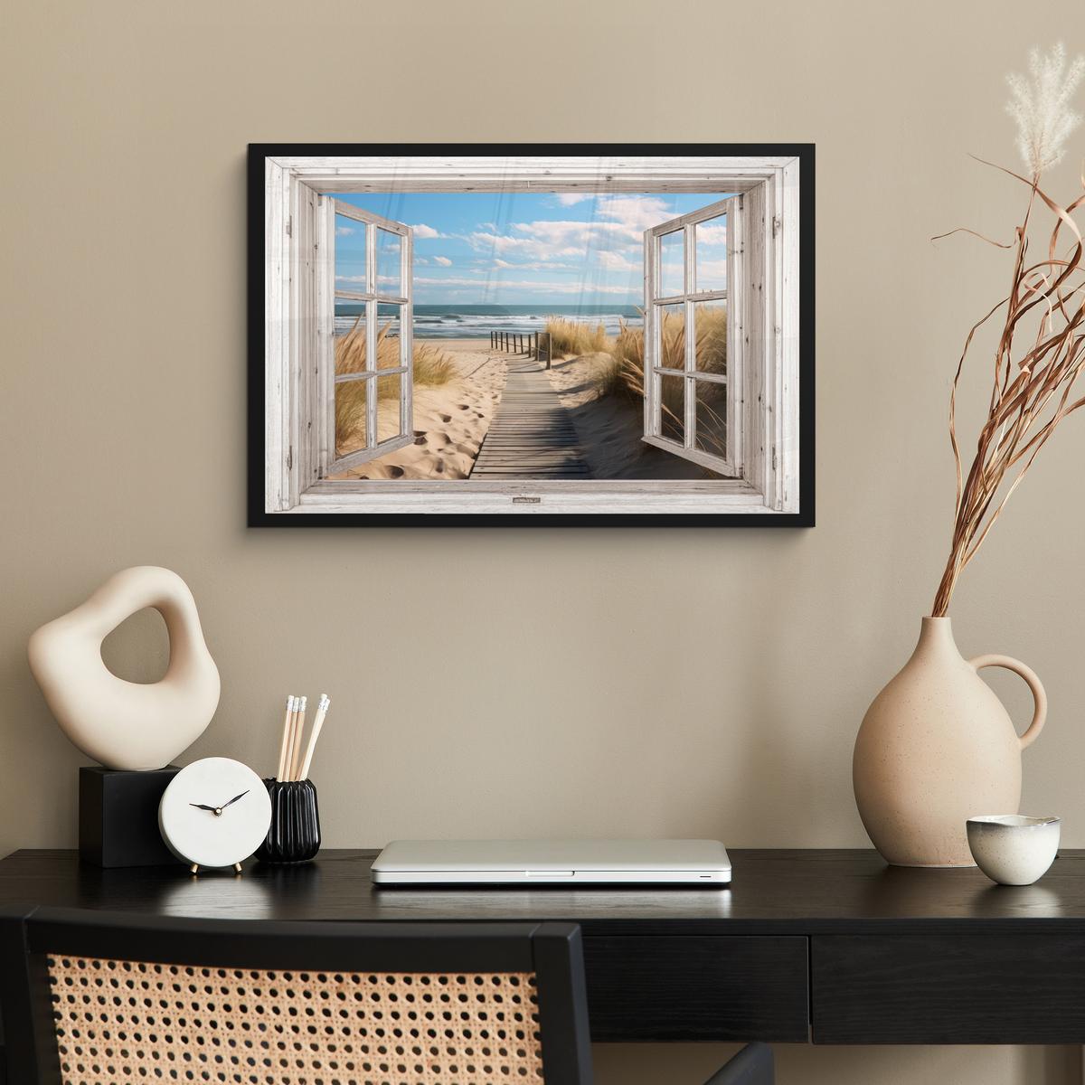 POSTER MIT RAHMENGERAHMTES BILD Fenster - Meer - Küste - Natur - Ausblick - Strand - Wattenmeer 60x40 cm - Beige, Papier (60/40cm) - MuchoWow