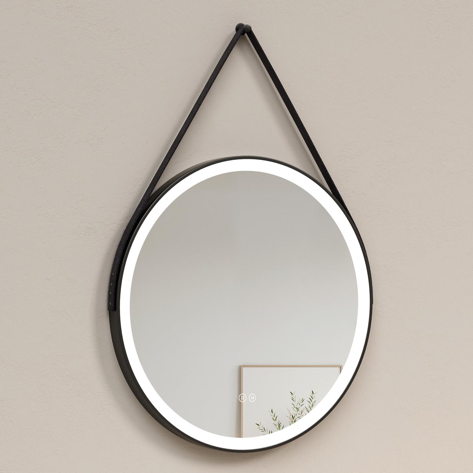 BADSPIEGEL Rund mit Touch-Schalter Beleuchtung mit Hängeriemen Schwarz Ø 80 cm - Schwarz, Glas (80/80/3.5cm) - EMKE