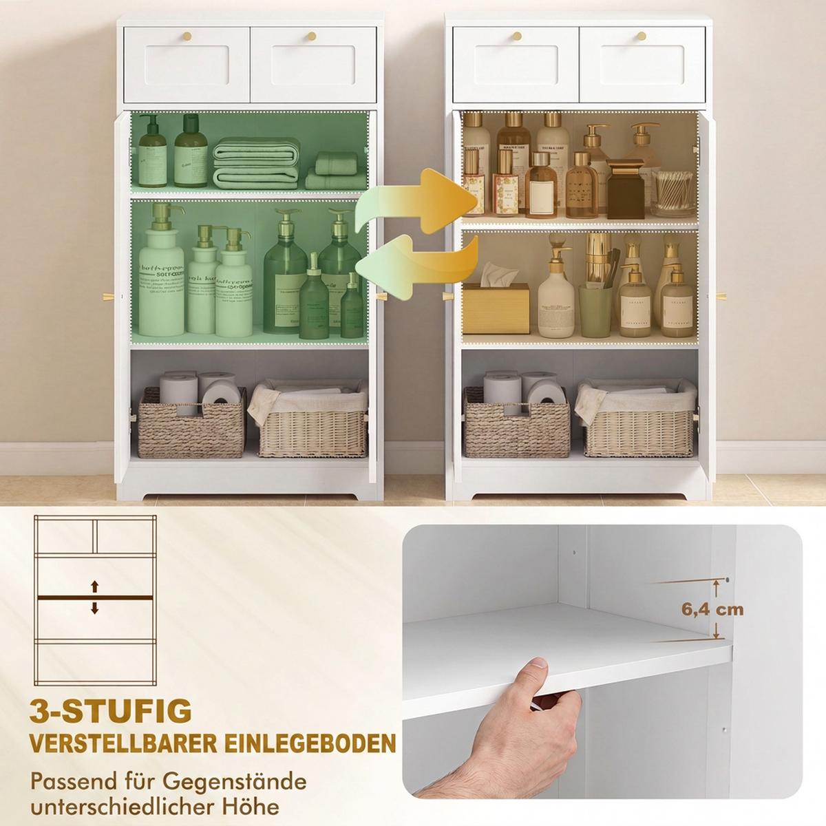 BADEZIMMERSCHRANK Spanplatte MDF Weiß - Goldfarben/Weiß, Holzwerkstoff/Metall (30/108/60cm) - HOMCOM
