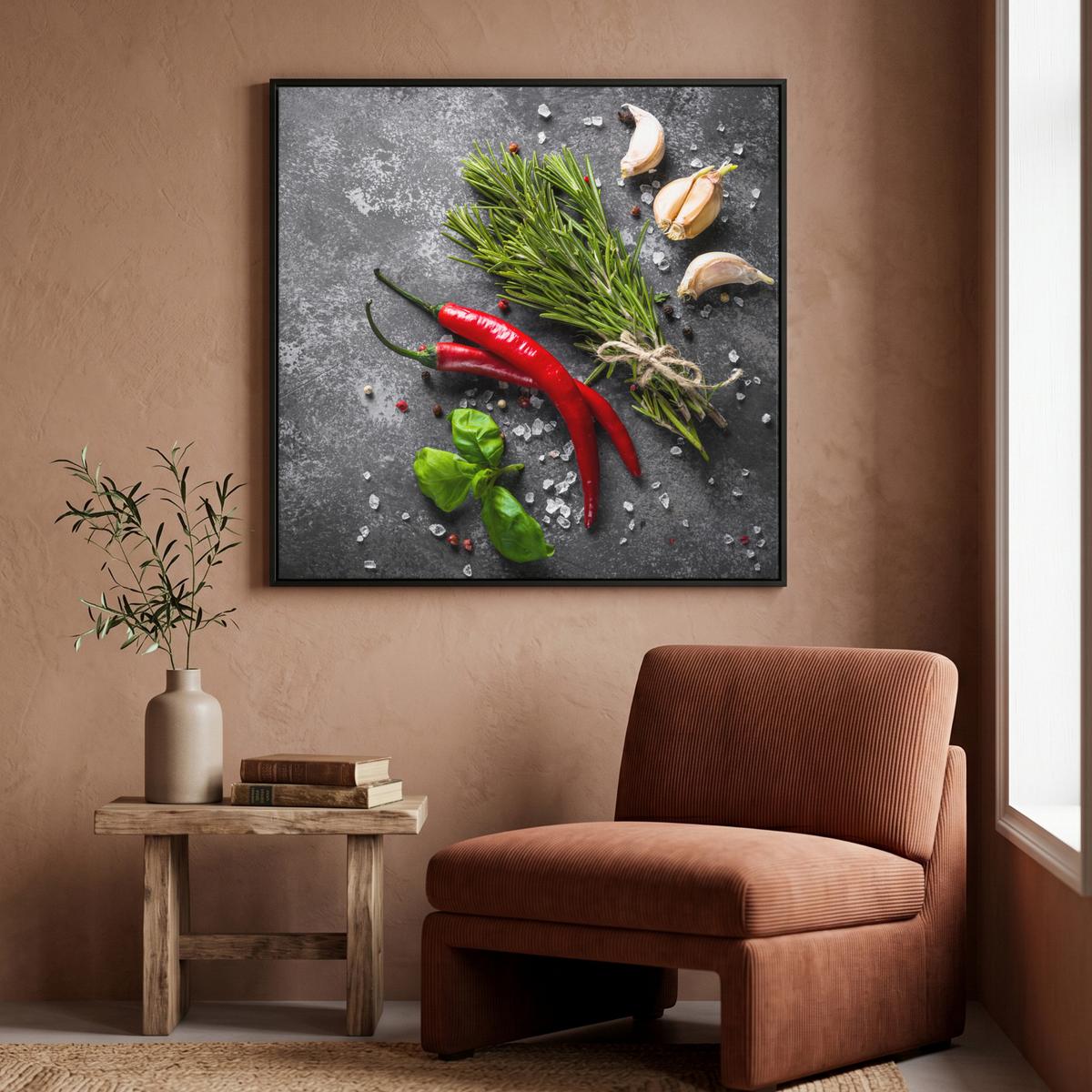 LEINWAND Bilder mit Rahmen - Pfeffer - Kräuter - Gewürze - Beton - 90x90 - Dunkelgrau, Textil (90/90cm) - MuchoWow