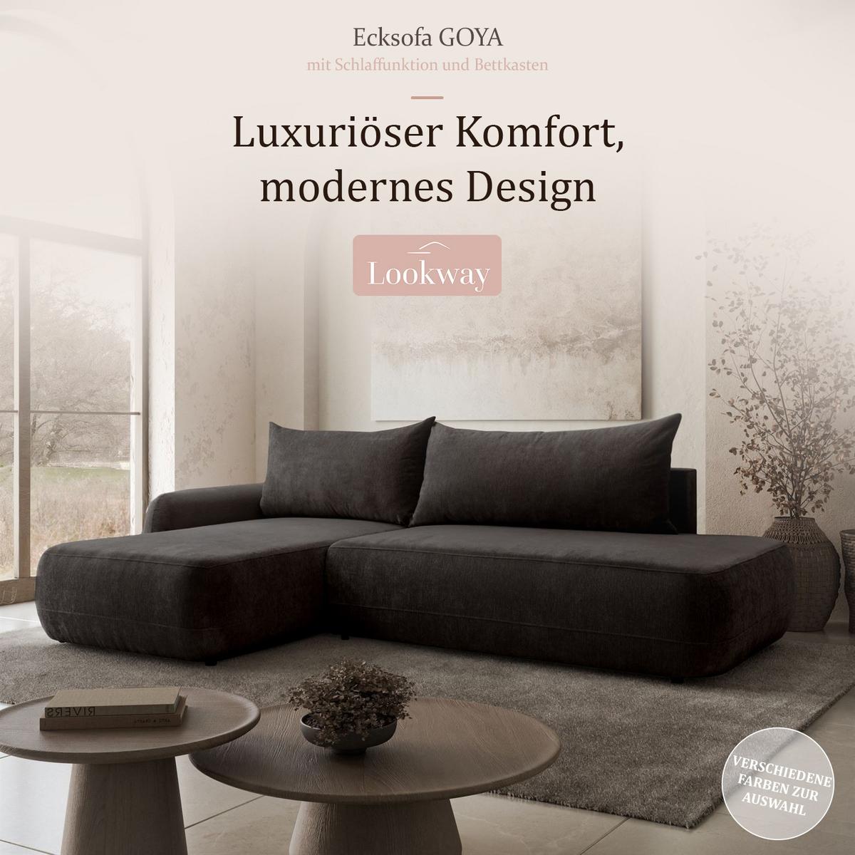 ECKSOFA GOYA mit Schlaffunktion und Bettkasten, Rechte, Perfect Harmony 99 - Anthrazit, Textil (302/184cm) - Lookway
