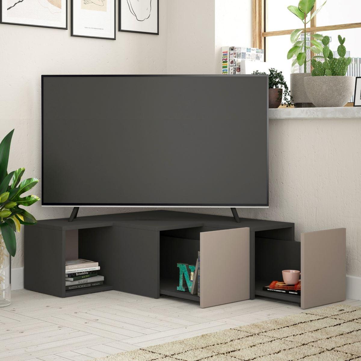 ECK-TV-MÖBEL mit 2 Schubladen und 1 Nische L90 cm - Compact - Anthrazit, Holzwerkstoff (92/32/18cm) - Calicosy