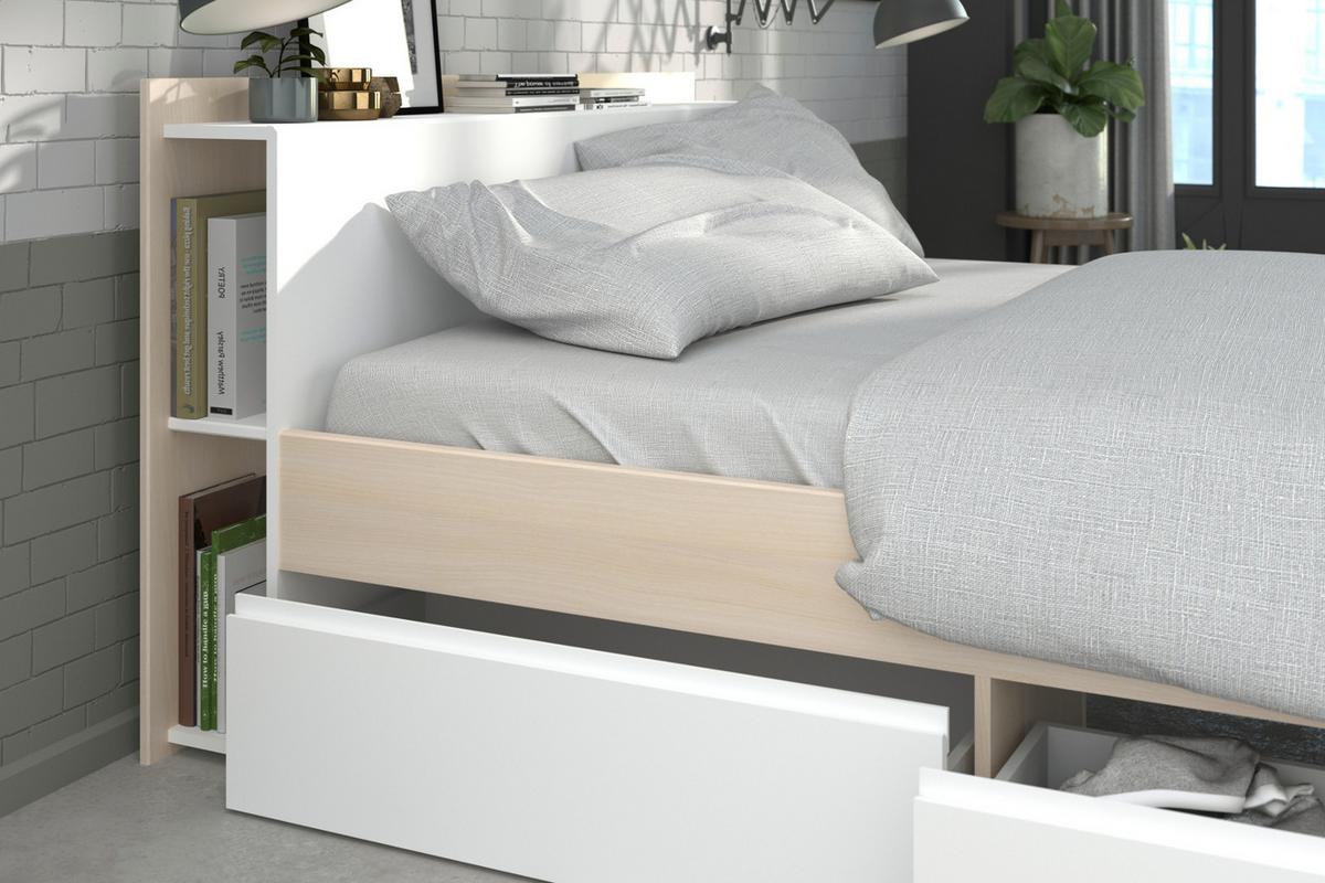 BETT mit Regal und 3 x Schubkasten Stauraumbett 160 x 200 cm - Weiß/Akaziefarben, Holz/Holzwerkstoff (160/200cm) - Parisot Meuble