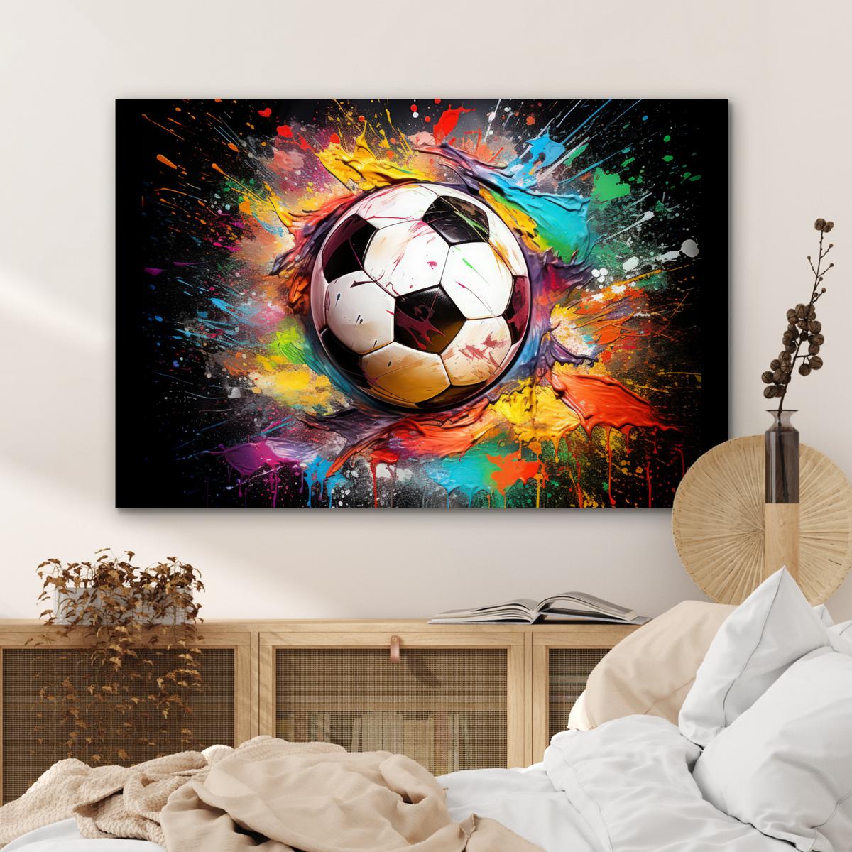 METALLBILD Fußball - Farbe - Farben - Schwarz - Weiß Deko Groß 120x80 cm - Weiß, Metall (120/80cm) - MuchoWow