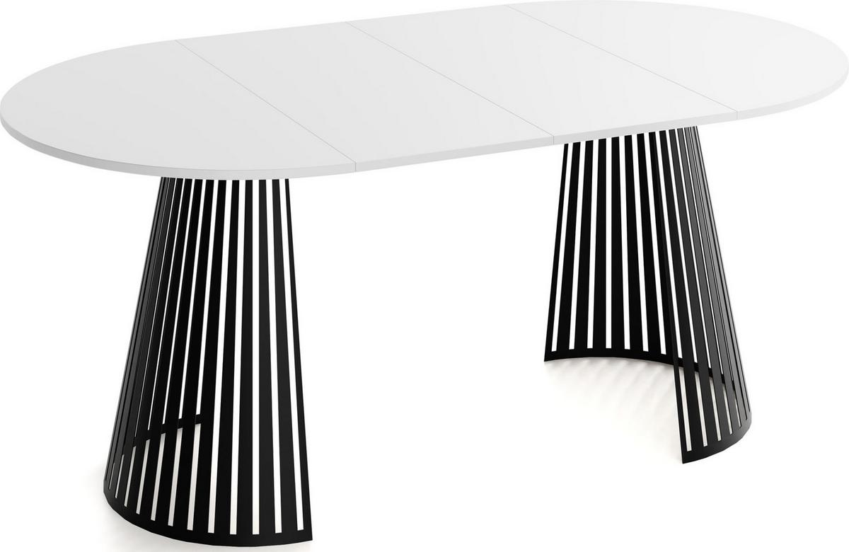 ESSTISCH Naro rund ausziehbar mit Schwarzem Lamellen-Metallgestell, Weiß 120-200/120/76 cm - Schwarz/Weiß, Holzwerkstoff/Metall (120/196/76cm) - WFL GROUP