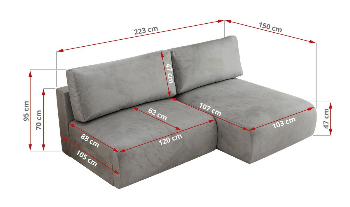 ECKSCHLAFSOFA VIVO L Hellgrau Velvet - rechts - Hellgrau/Schwarz, Kunststoff/Textil (150/223cm) - MKS