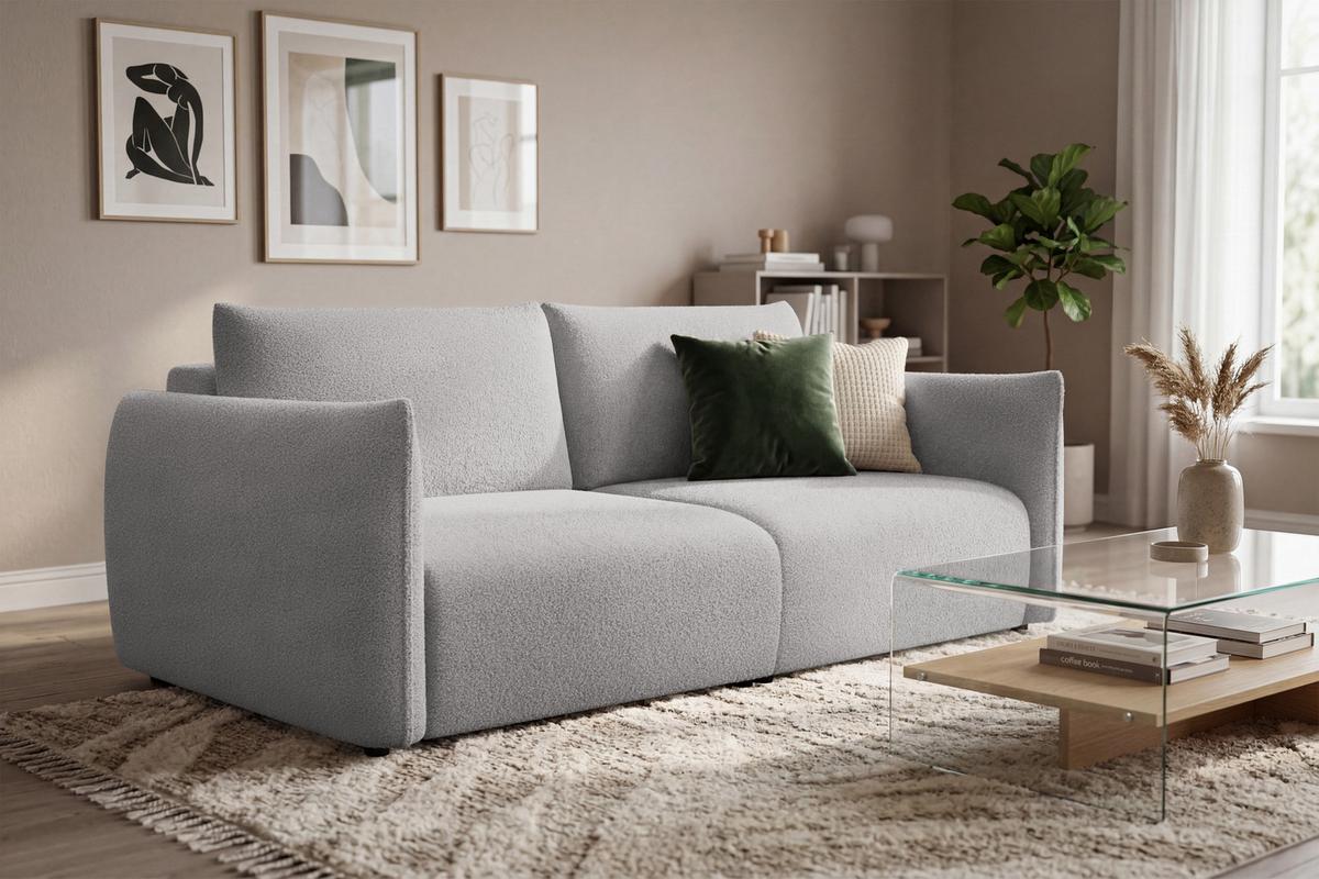 SOFA TAUER 3-Sitzer, Bouclé-Stoff hellgrau - Hellgrau/Schwarz, Holz/Textil (206/84/112cm) - Courtois Laville