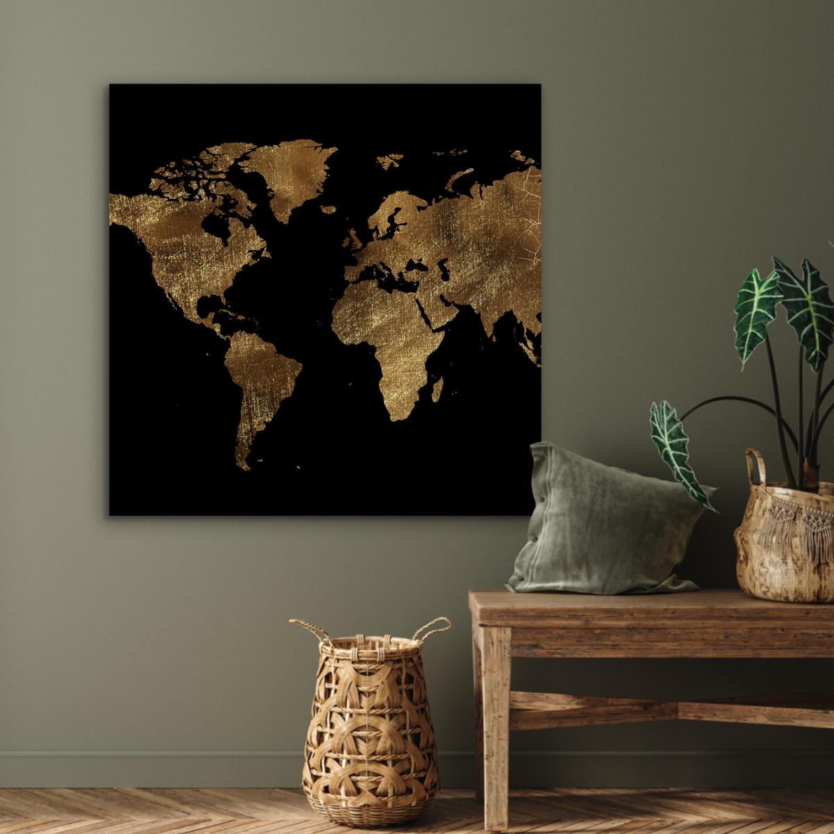 METALLBILD Weltkarte - Gold - Luxus - Erde - Schwarz 90x90 cm - Goldfarben, Metall (90/90cm) - MuchoWow
