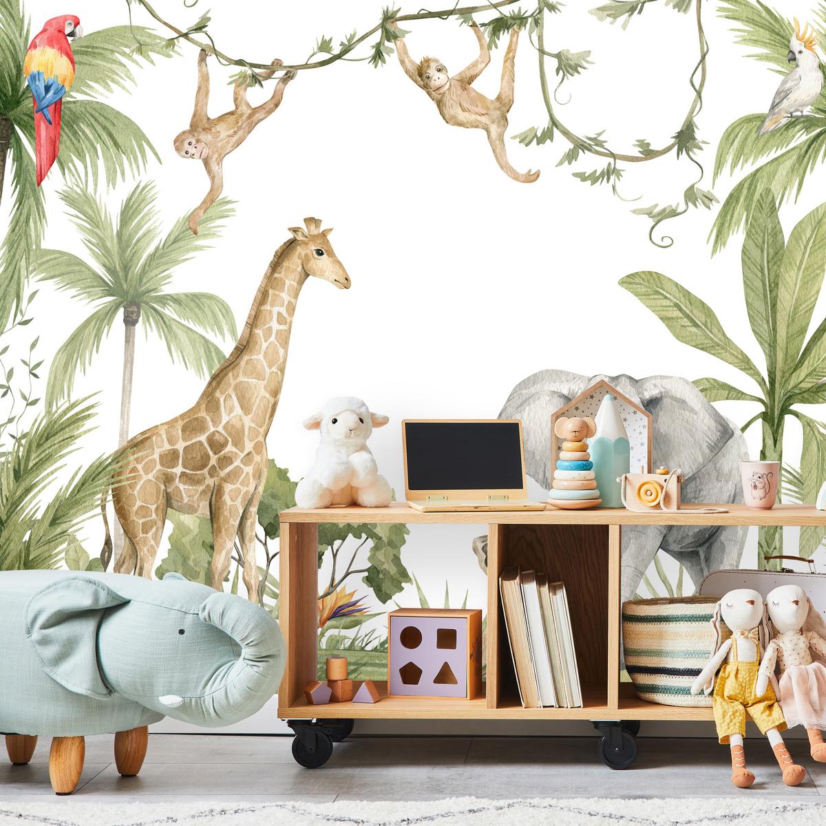 FOTOTAPETE für Kinderzimmer Dschungel Tiere Giraffe Elefant Palmen 200x140 - Beige/Rot, Papier (200/140cm) - Muralo
