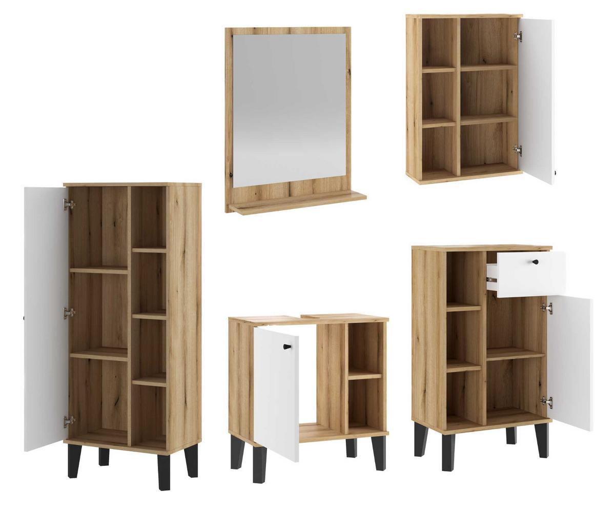 BADMÖBEL-SET 5-teilig weiß, Evoke Eiche, Badkombination, 182 x 190 cm - Eichefarben/Schwarz, Glas/Holzwerkstoff (182/190/33cm) - Furn.Design