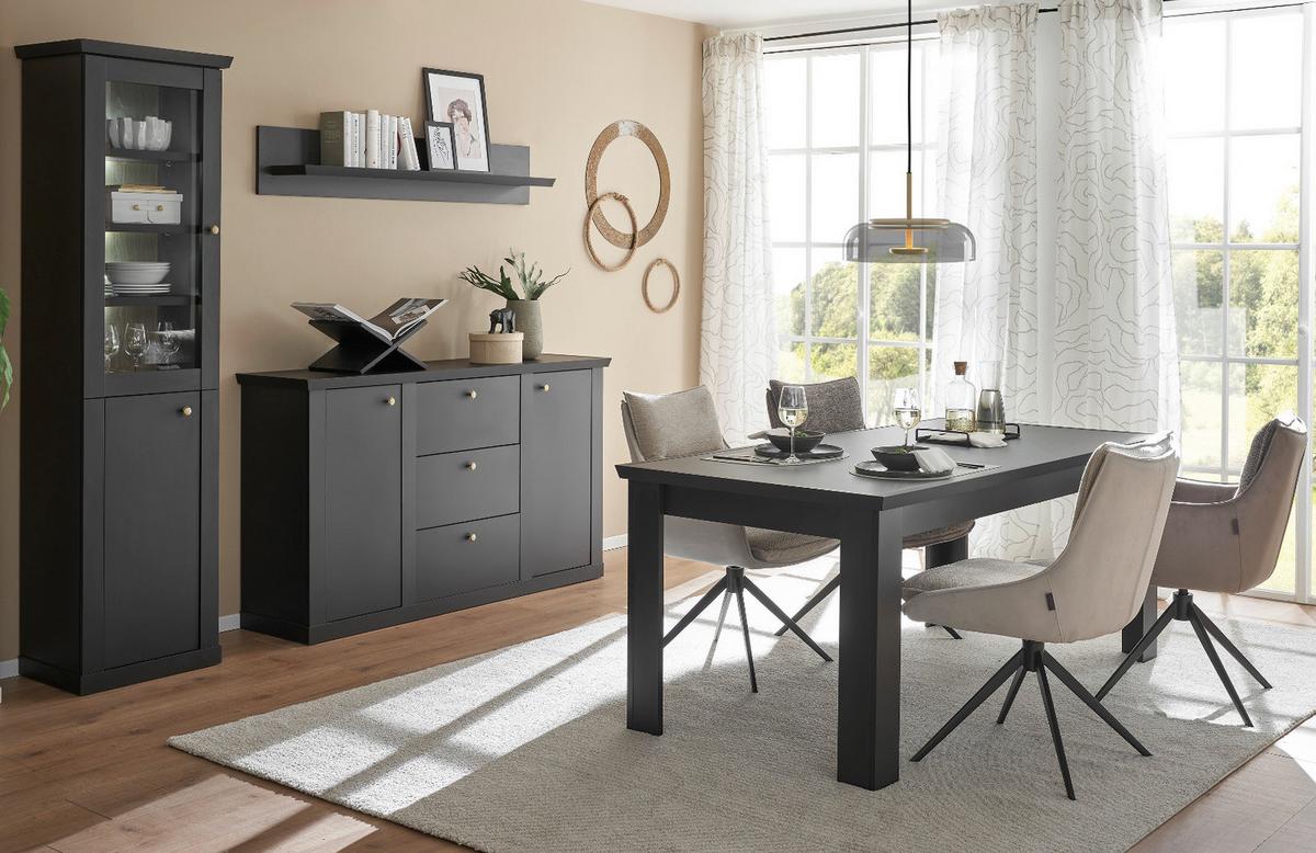 VITRINE schwarz matt, Eiche 55 cm, Vitrinenschrak Landhaus mit Soft-Close - Eichefarben/Messingfarben, Glas/Holzwerkstoff (55/200/39cm) - Furn.Design