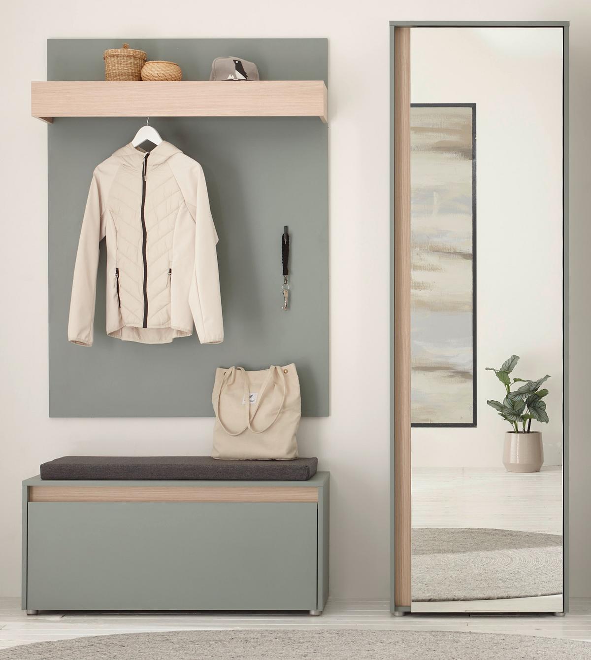 GARDEROBE Set 4-teilig, Salbei Grün und Eiche 170 x 200 cm mit Garderobenschrank und Spiegel - Salbeigrün/Eichefarben, Glas/Holz (170/200/40cm) - Furn.Design