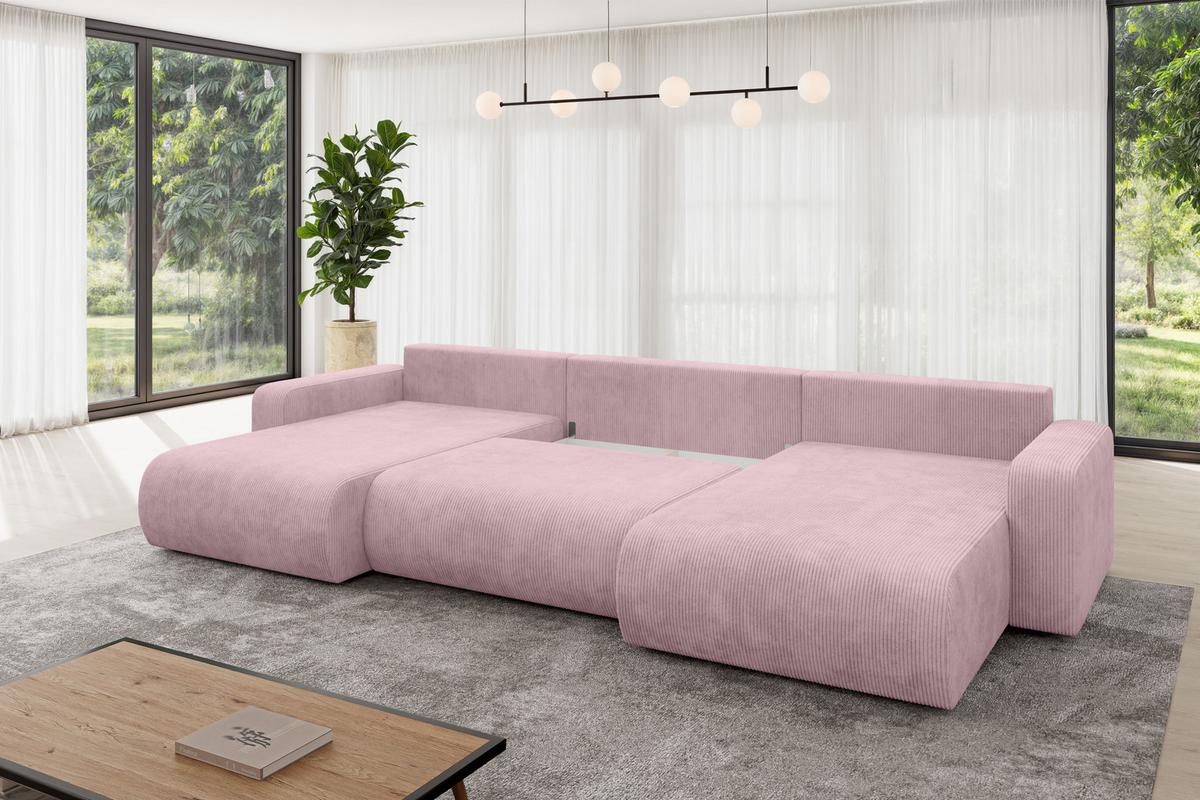 WOHNLANDSCHAFT mit Schlaffunktion und Bettkasten BERY-U 377x193x88 Rosa Cord - Schwarz/Rosa, Holzwerkstoff/Kunststoff (377/88/193cm) - ALTDECOR
