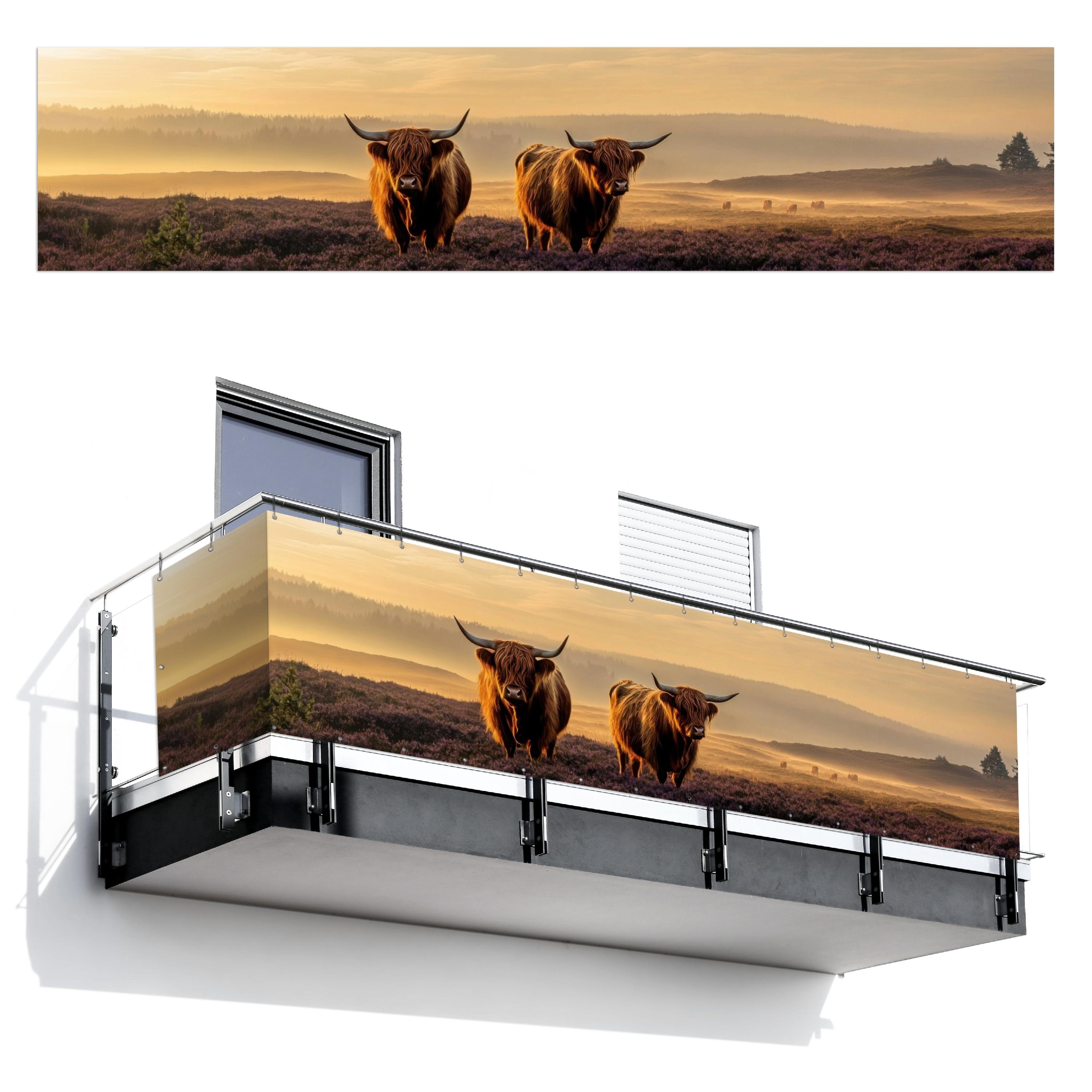 BALKON-SICHTSCHUTZ Schottische Hochlandbewohner - Heide - Landschaft - Tiere Deko XXL 500x110 cm - Cognac, Kunststoff (500/110cm) - MuchoWow