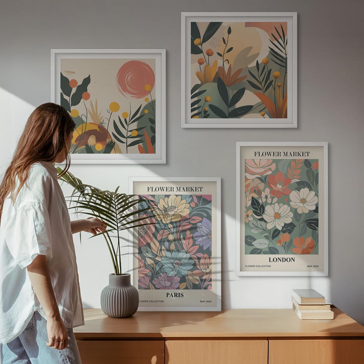 BILDER SET 4er Set - 50x50 cm & 40x60 cm Weißer Rahmen - Blumenposter Paris London - Weiß, Kunststoff (50/50cm) - TULUP