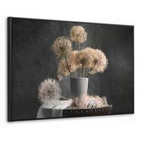 LEINWAND Bilder mit Rahmen - Blumensamen - Löwenzahn - Vase - Stilleben - Blumenstrauß - 140x90 - Dunkelgrau, Textil (140/90cm) - MuchoWow