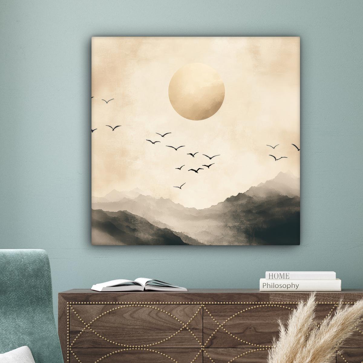 LEINWANDBILD Landschaft - Japandi - Vogel Deko Groß 90x90 cm - Beige, Textil (90/90cm) - MuchoWow