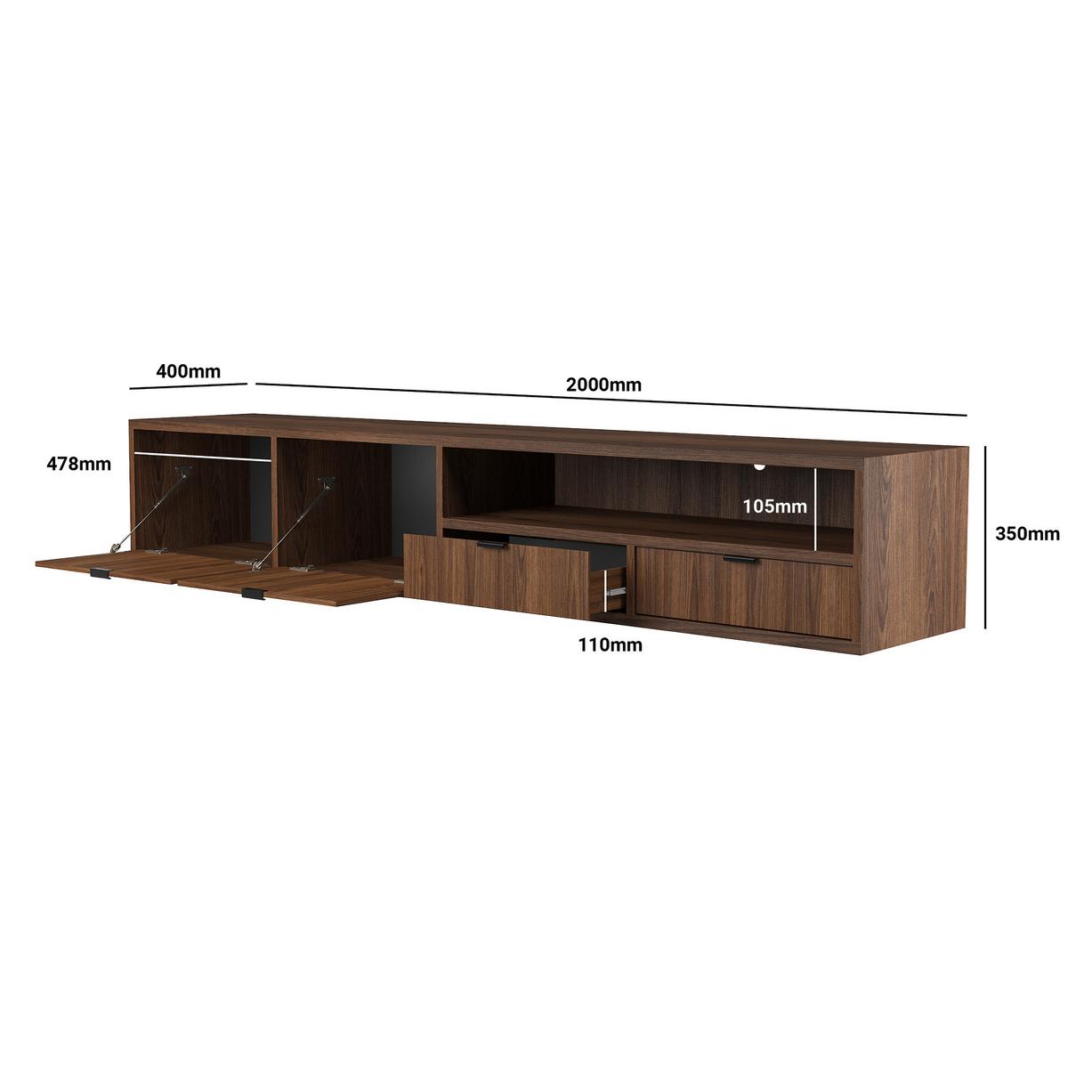 HÄNGELOWBOARD Evron mit 2 Schubladen und 2 Türen, 200 cm, Walnuss - Walnussfarben, Holzwerkstoff (200/35/40cm) - Beautysofa