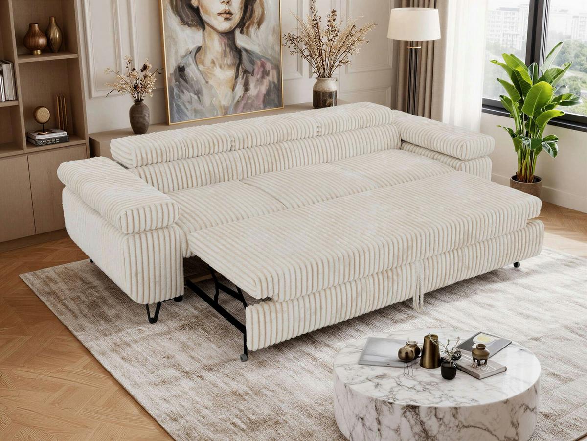 3-SITZER SOFA PETER mit Schlaffunktion - Beige Cord - Beige/Creme, Textil/Metall (262/76/99cm) - MKS