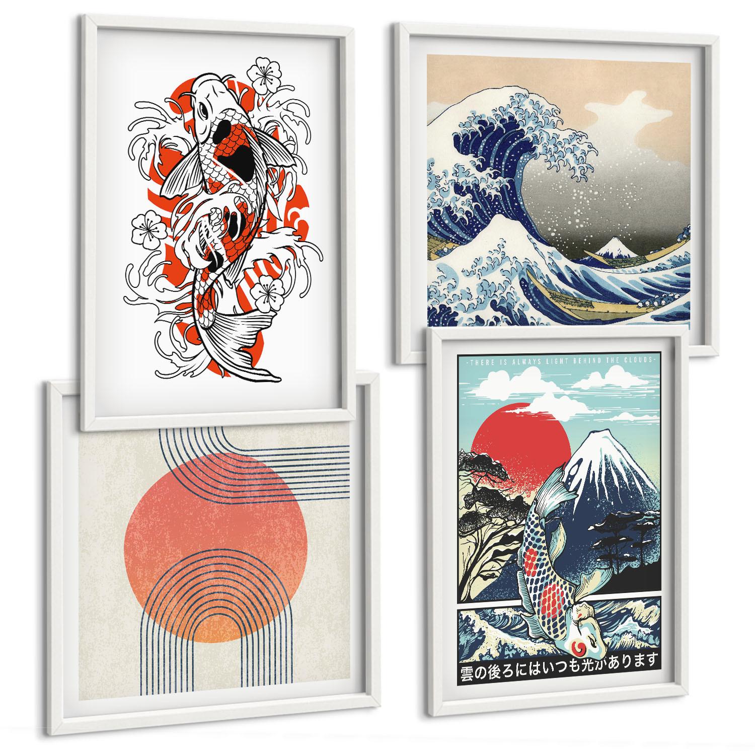 BILDER SET 4er Set - 50x50 cm & 40x60 cm Weißer Rahmen - Illustrationen von Fischbergen, die sich in Japan ausbreiten - Weiß, Kunststoff (50/50cm) - TULUP