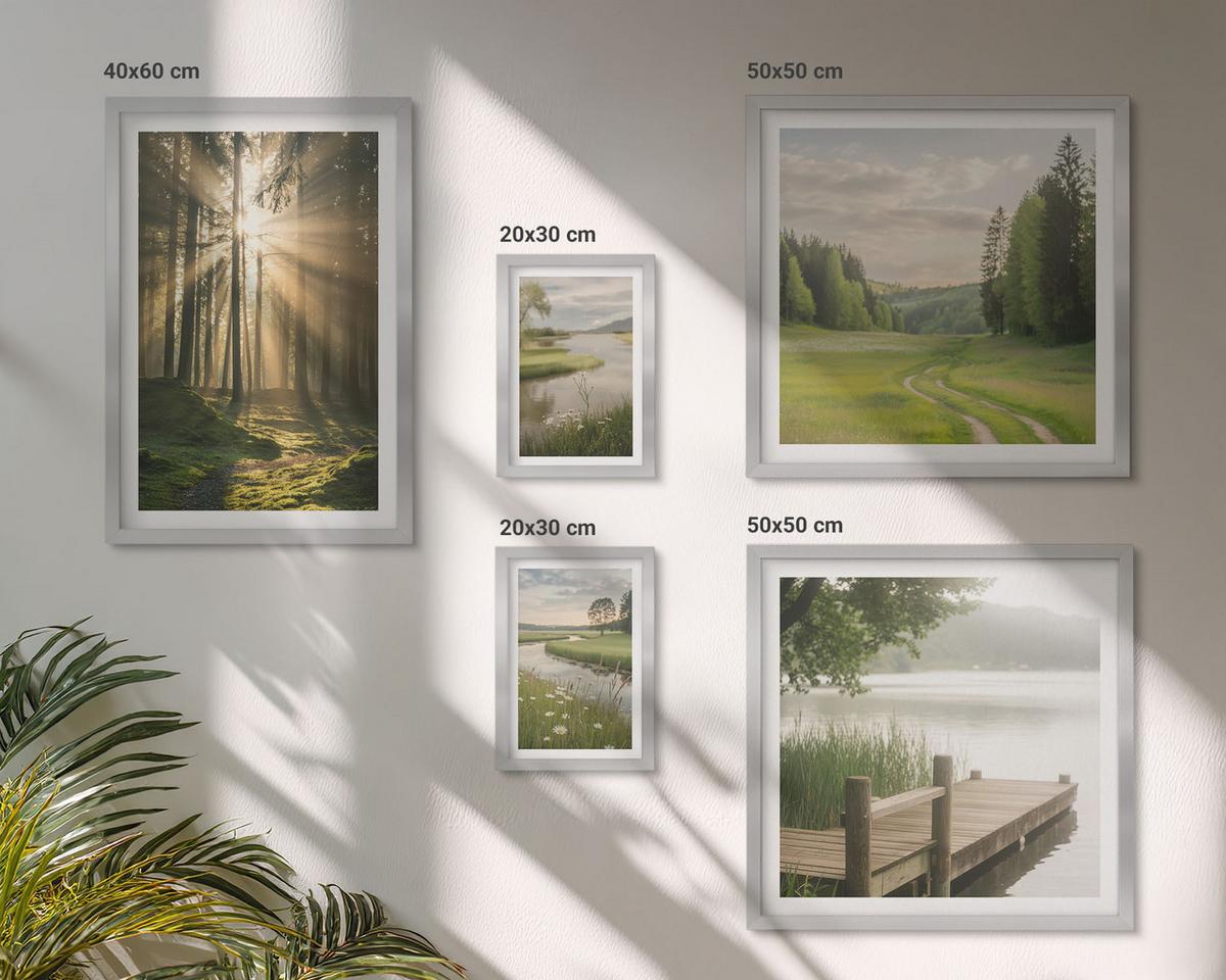 BILDER SET 5er Set - 50x50 cm & 20x30 cm & 40x60 cm Silberner Rahmen - Frühlingslandschaft Flusswiese - Silberfarben, Kunststoff (40/60cm) - TULUP
