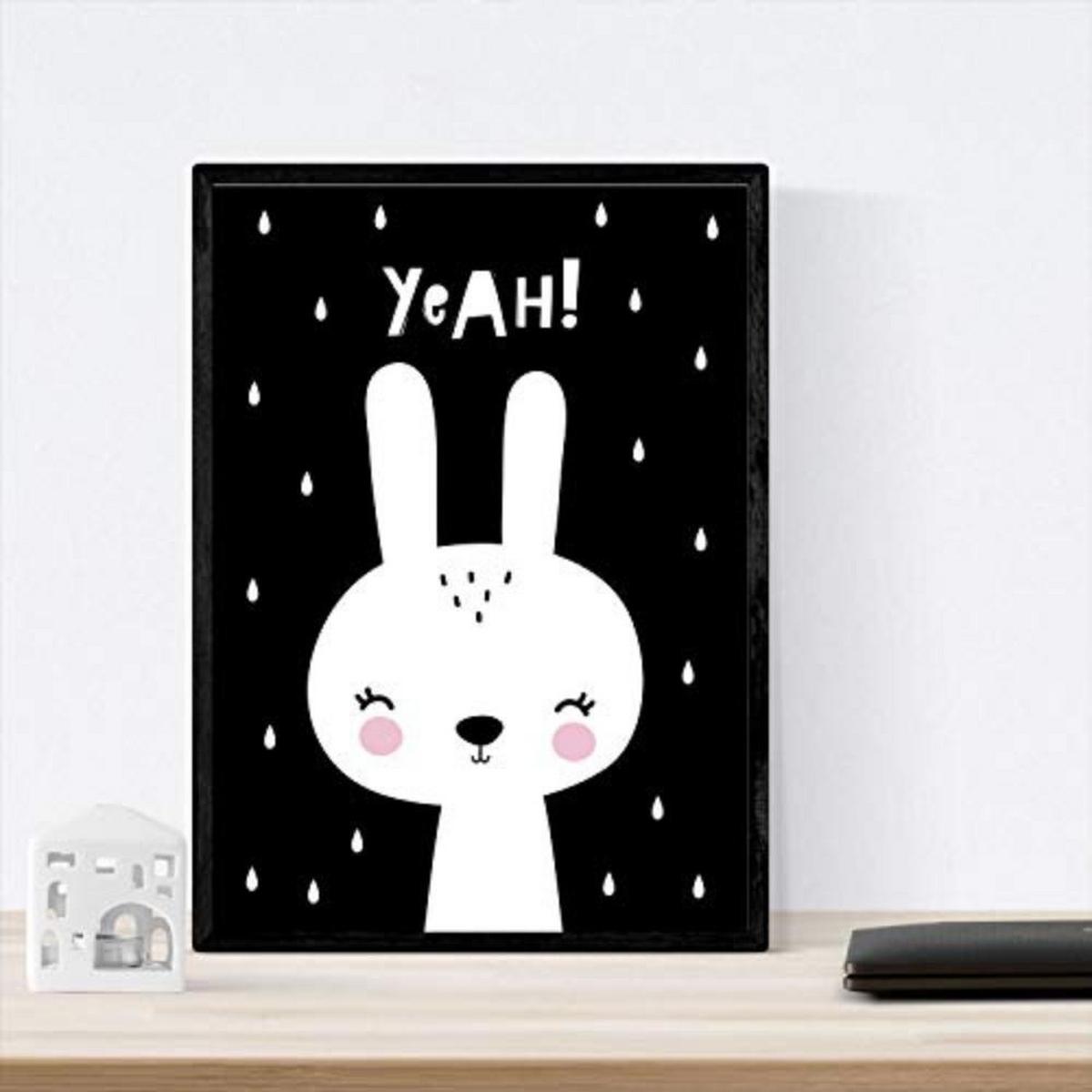 POSTER Set mit 4 Eisbär, Kaninchen, Hypopotamus und Ananas Tieren A3 Schwarzer Rahmen - Schwarz, Papier (29.7/3cm) - Nacnic