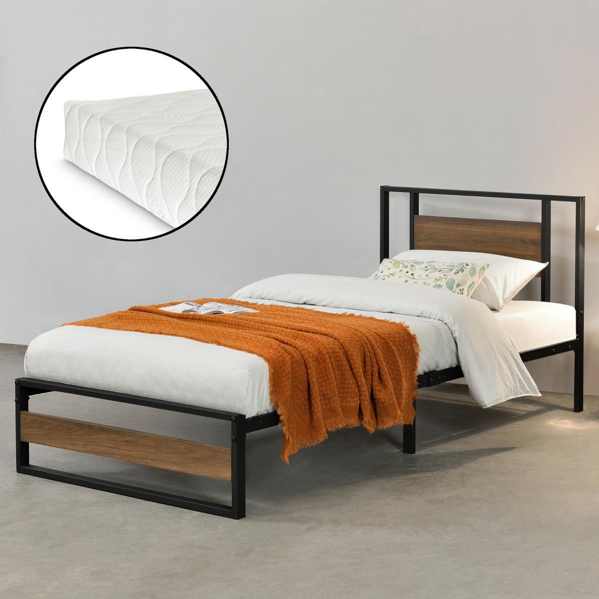 METALLBETT Villach mit Matratze - Schwarz, Textil/Metall (90/200cm) - [en.casa]