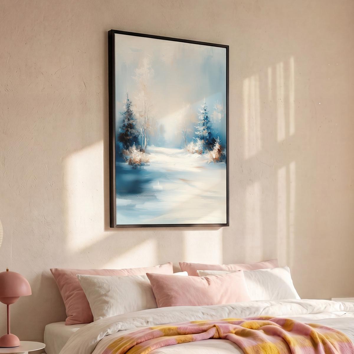 LEINWAND Bilder mit Rahmen - Wald – Winter – Natur – Abstrakt – Schnee - 100x150 - Weiß, Textil (100/150cm) - MuchoWow