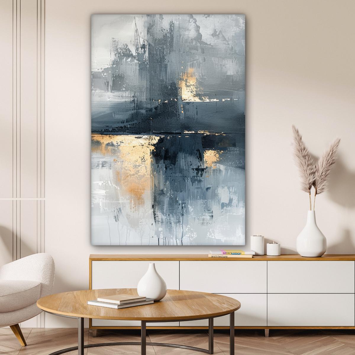 LEINWANDBILD Kunst - Grau - Gold - Abstrakt Deko Groß 90x140 cm - Dunkelgrau, Textil (90/140cm) - MuchoWow