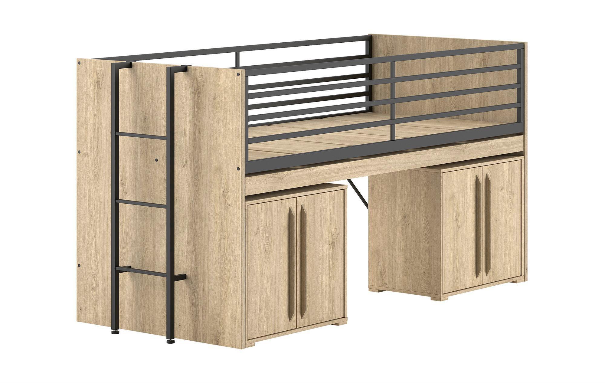 HALBHOCHBETT 90x200 Keelia Eiche mit Schreibtisch Stauraum - Eichefarben, Kunststoff (90/200cm) - 58aufmkessel