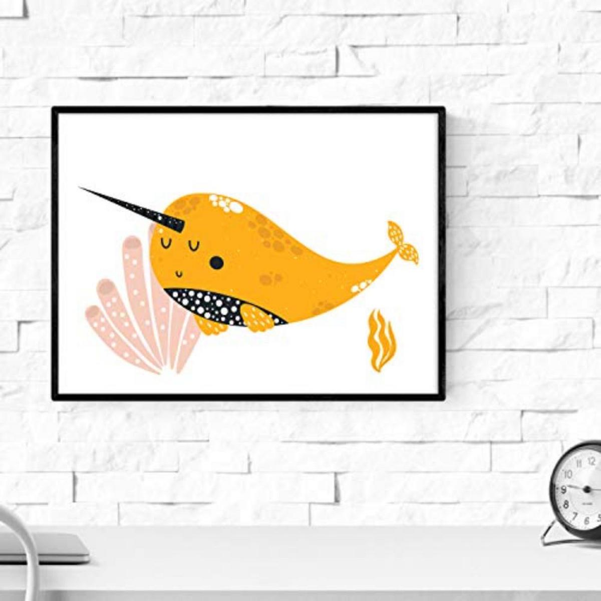 POSTER Set mit 4 Wale im Meer grau orange und rosa A4 Rahmenlos - Klar, Papier (29.7/3cm) - Nacnic