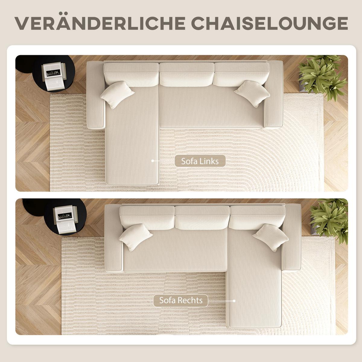 ECKSOFA 3-Sitzer Sofa in L-Form Eckcouch mit Umkehrbarer Chaiselongue Cremeweiß - Weiß, Kunststoff (153/241cm) - HOMCOM
