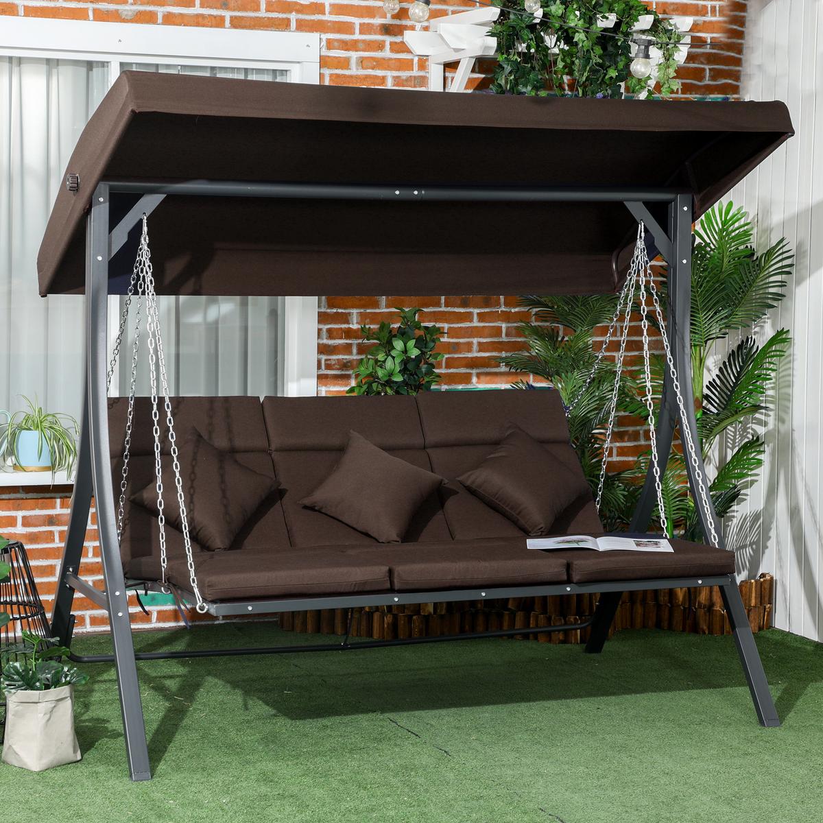 HOLLYWOODSCHAUKEL 3-Sitzer Gartenschaukel Verstellbares Dach Texteline Braun - Braun, Metall (118/168/198cm) - Outsunny